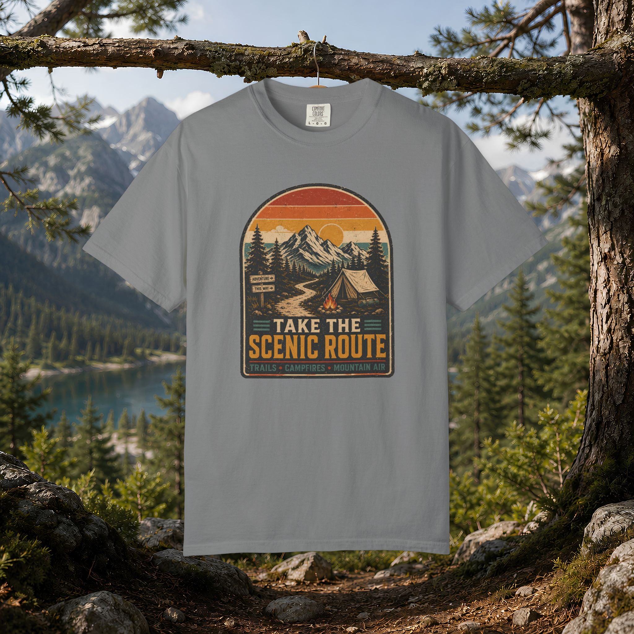 Scenic Route Camping T-Shirt — Retro Mountains & Tent Outdoor Tee