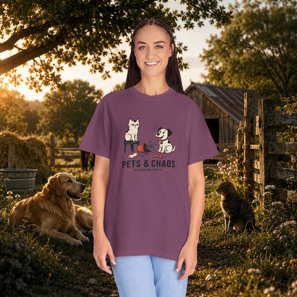 Pets & Chaos Graphic T-Shirt — Funny Cat and Dog Design