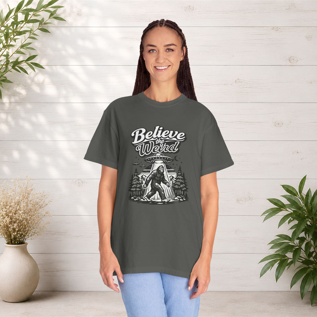 Believe the Weird T-Shirt — Bigfoot Forest UFO Graphic Tee