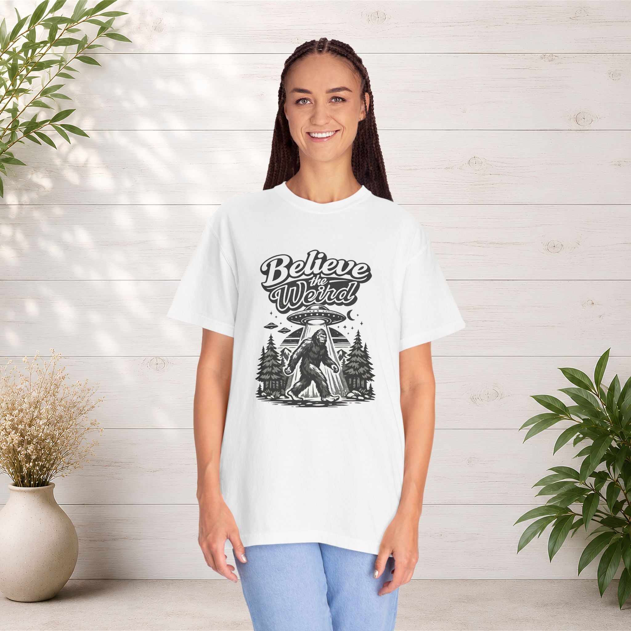 Believe the Weird T-Shirt — Bigfoot Forest UFO Graphic Tee
