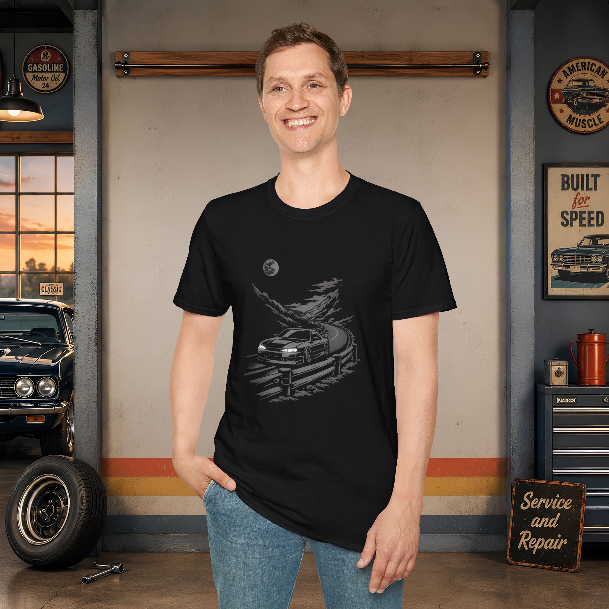 Retro Night Drive JDM car graphic T-Shirt | moonlit road illustration