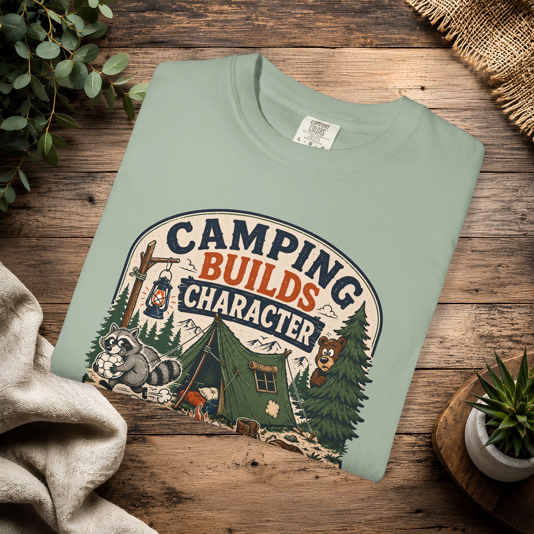 Camping Builds Character T-Shirt — Vintage Tent, Forest & Campfire Outdoor Tee