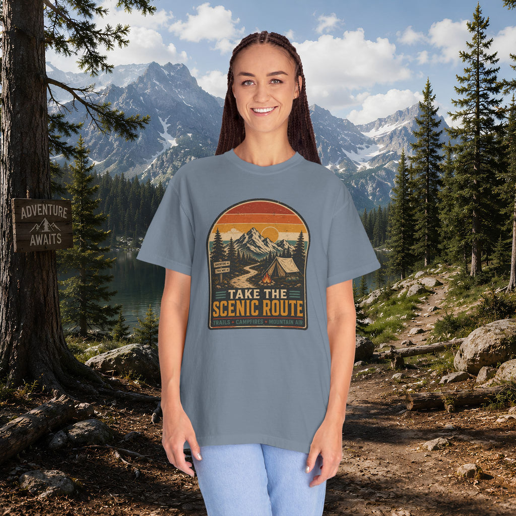 Scenic Route Camping T-Shirt — Retro Mountains & Tent Outdoor Tee