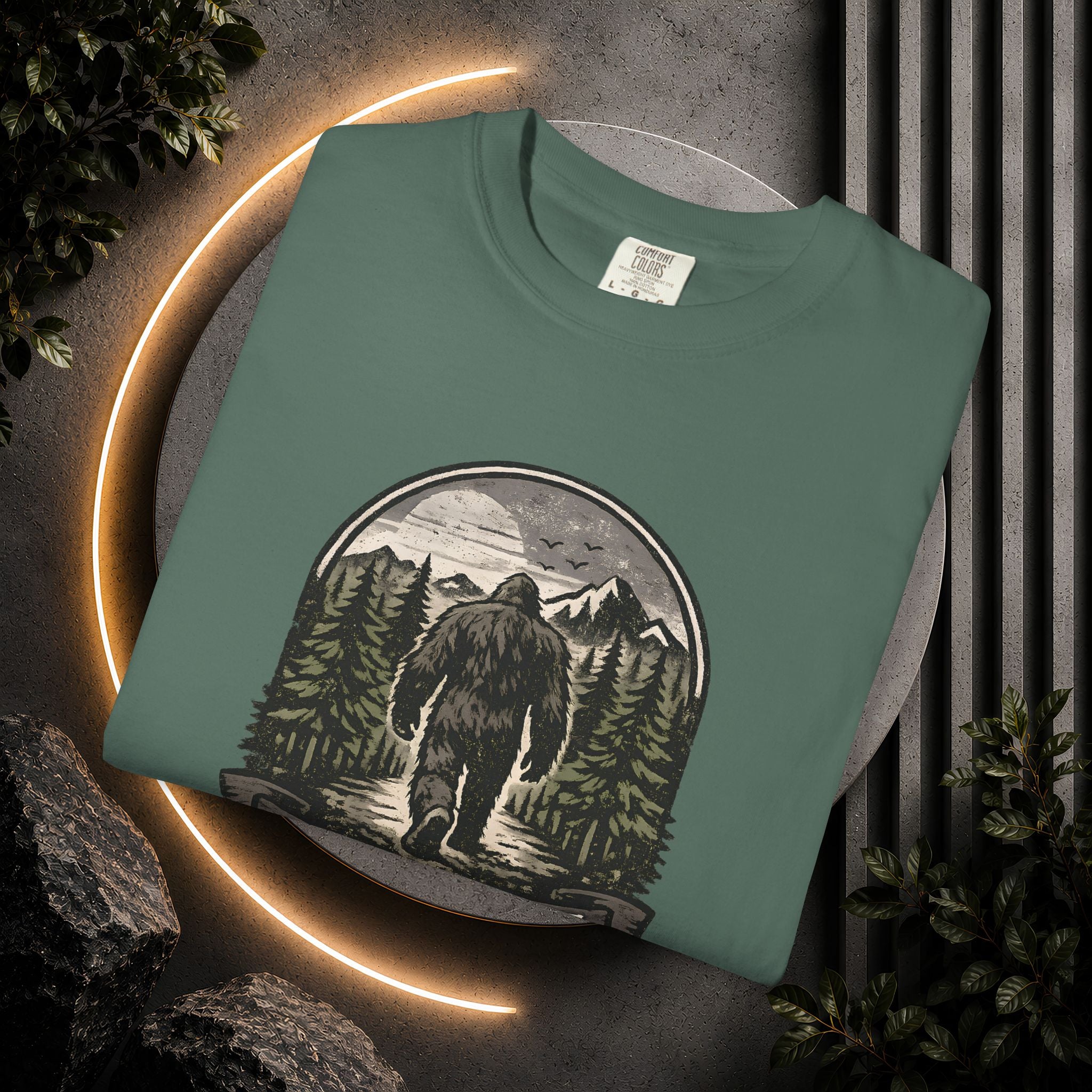 Bigfoot 'Naturally Unavailable' T-Shirt — Bigfoot Walking Into Forest Graphic