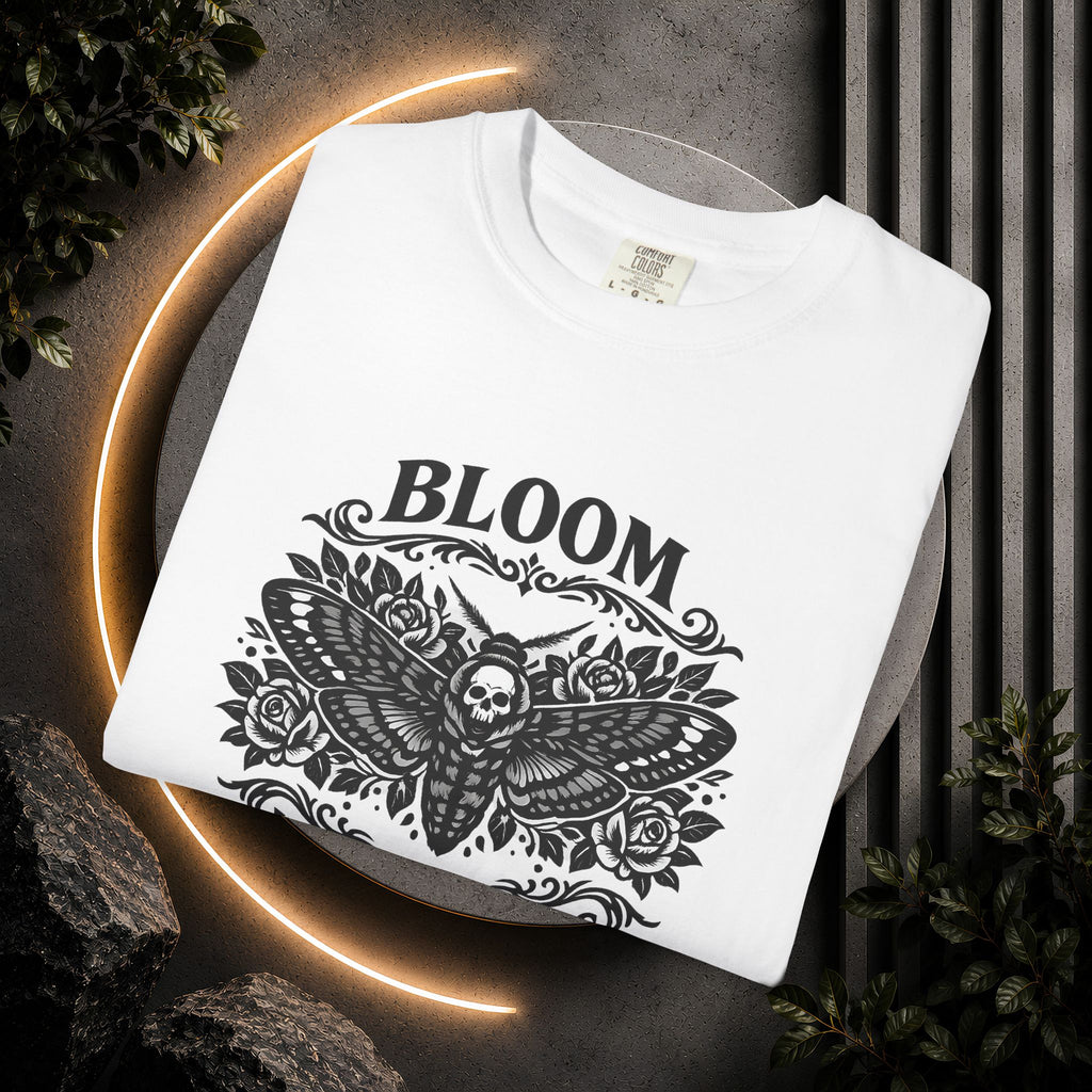Bloom in the Shadows T-Shirt — Gothic Floral Skull Tee