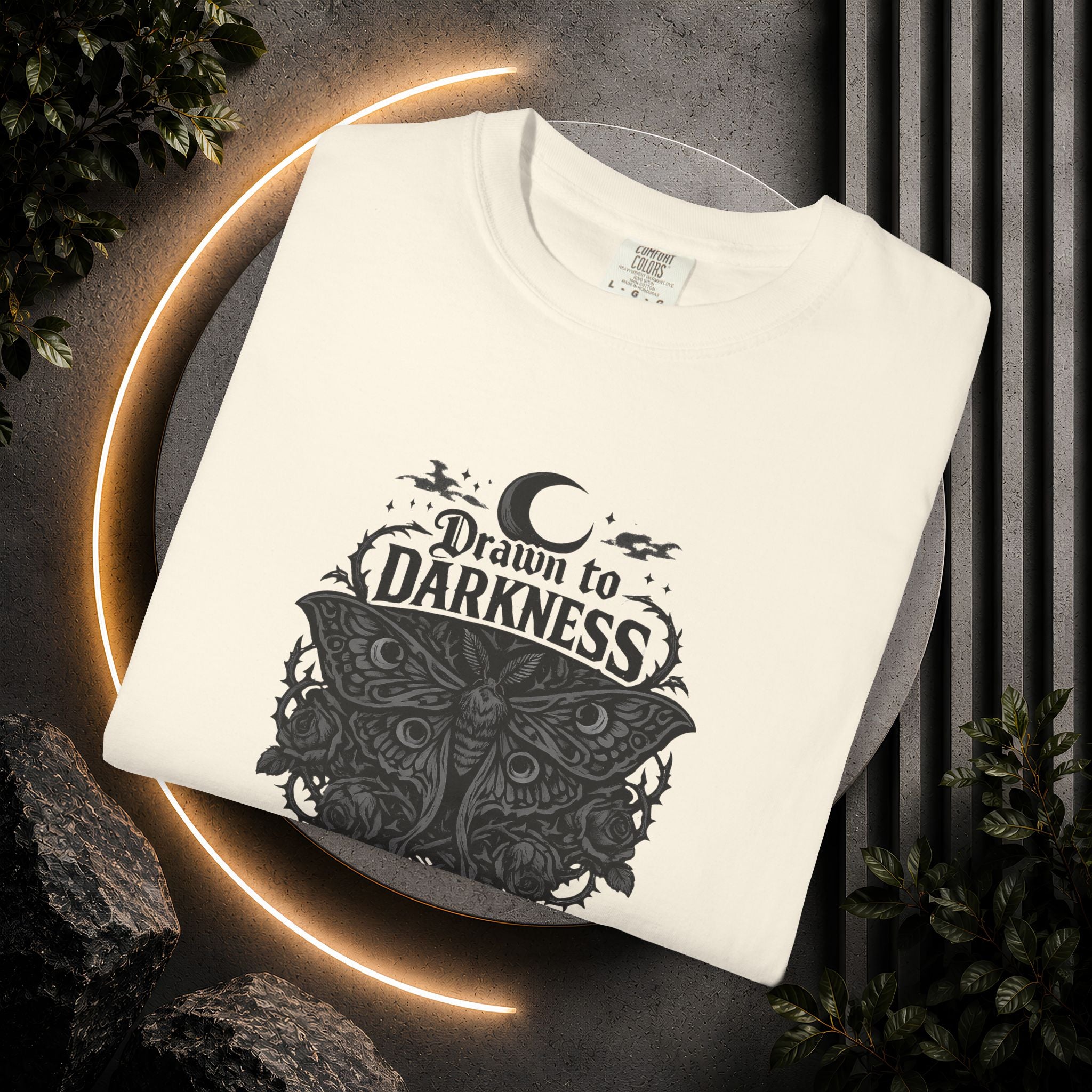 Dark Aesthetic T-Shirt — "Drawn to Darkness" Gothic Moon Graphic Tee