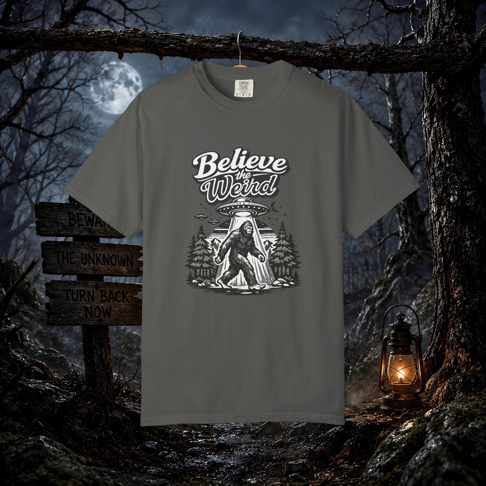 Believe the Weird T-Shirt — Bigfoot Forest UFO Graphic Tee