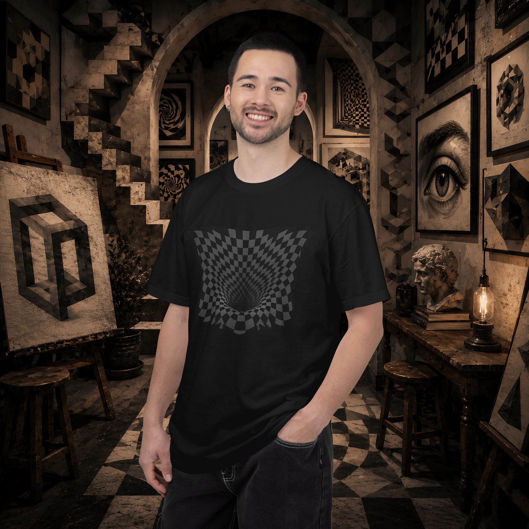 Optical Illusion Checkered T‑Shirt — Psychedelic Vortex Graphic Tee