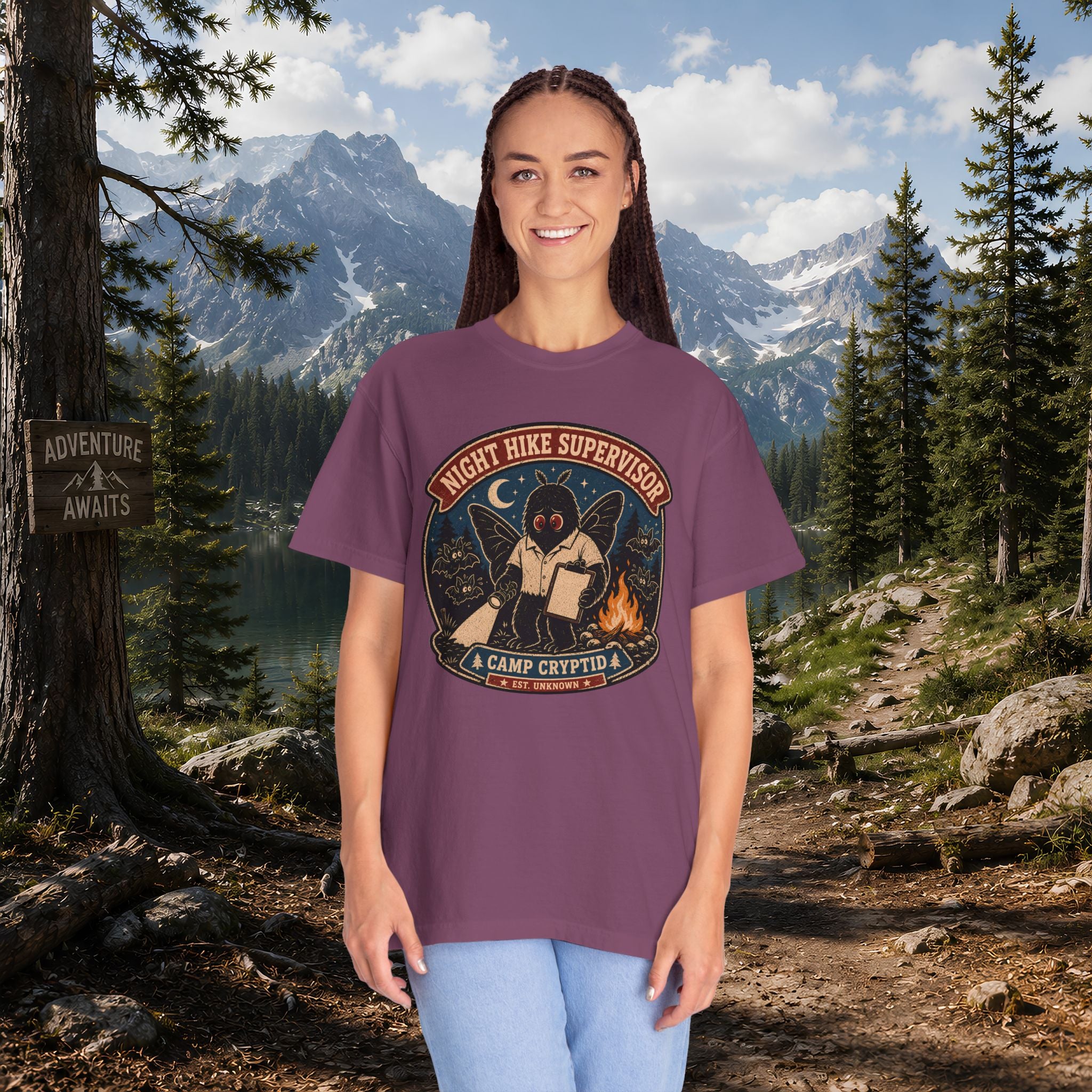 Night Hike Supervisor Mothman T‑Shirt — Camp Cryptid Retro Outdoor Badge