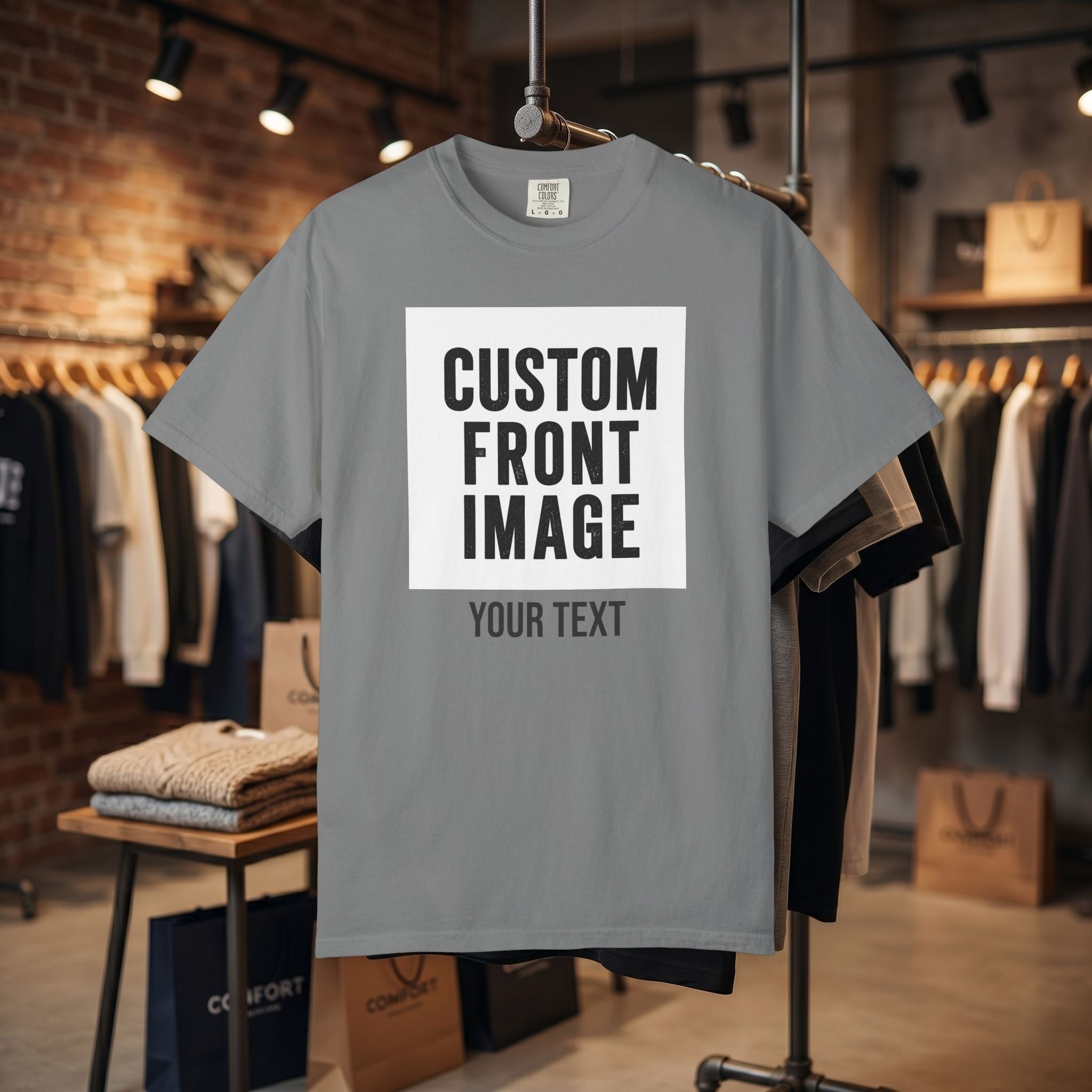 Custom Front Square Print T-Shirt — Personalized Text Bottom & Image Tee