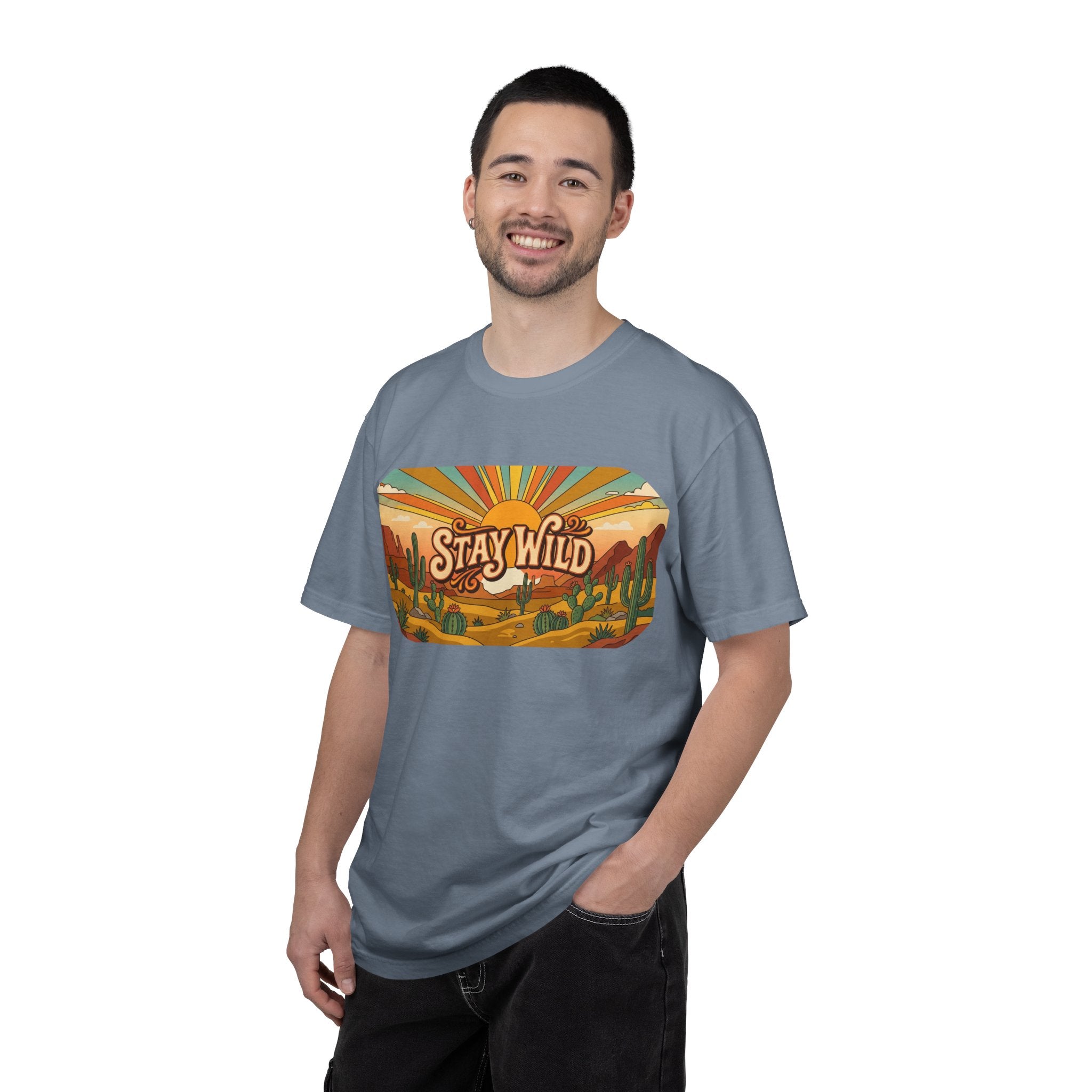Stay Wild Desert Sunset T-shirt | Retro Cactus Landscape