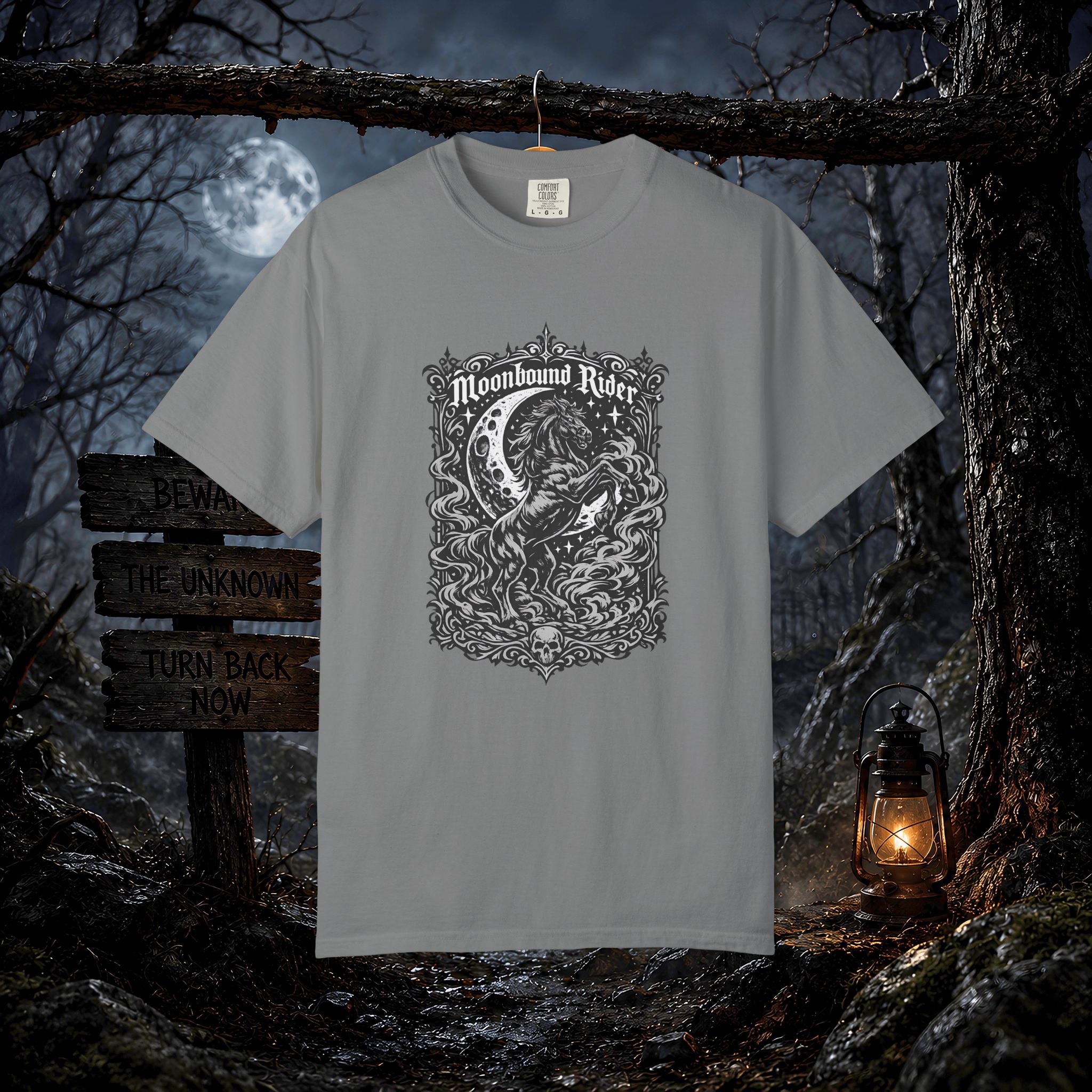 Moonbound Rider T‑Shirt — Gothic Horse Moon Design