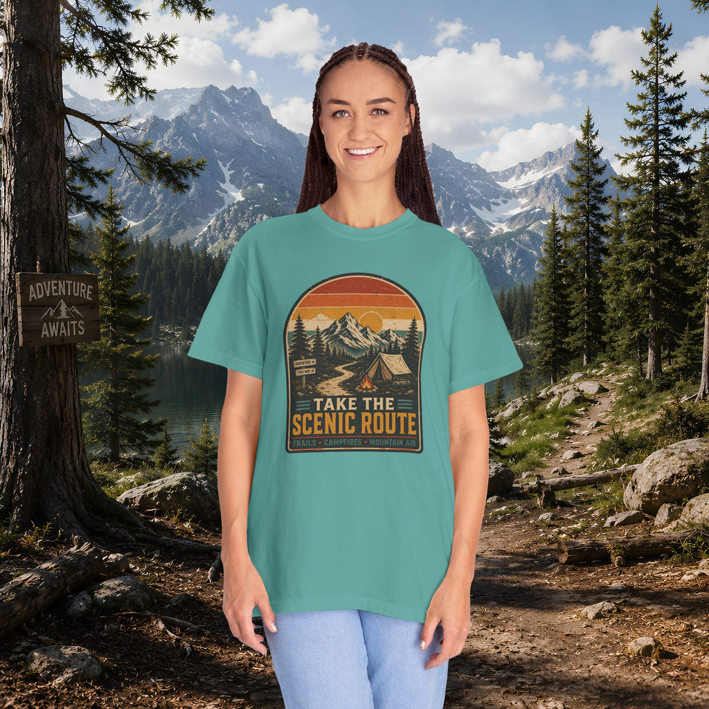 Scenic Route Camping T-Shirt — Retro Mountains & Tent Outdoor Tee
