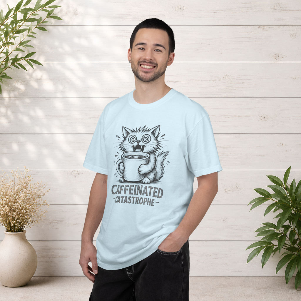 Caffeinated Cat T-Shirt — "Caffeinated Catastrophe" Coffee Lover Tee