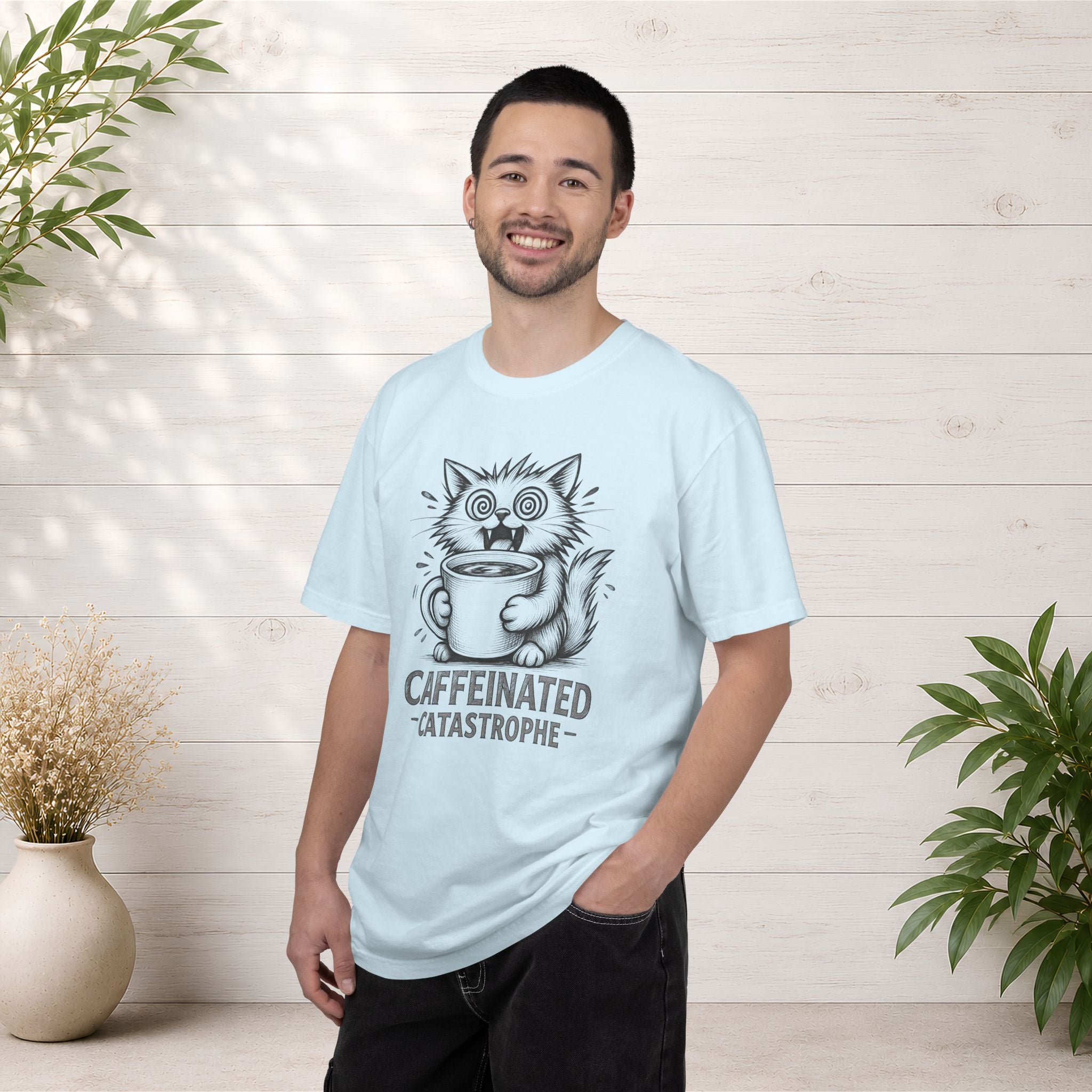 Caffeinated Cat T-Shirt — "Caffeinated Catastrophe" Coffee Lover Tee