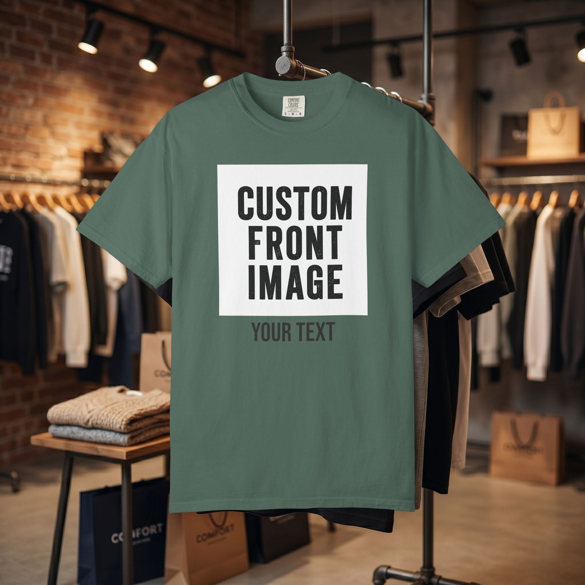 Custom Front Square Print T-Shirt — Personalized Text Bottom & Image Tee