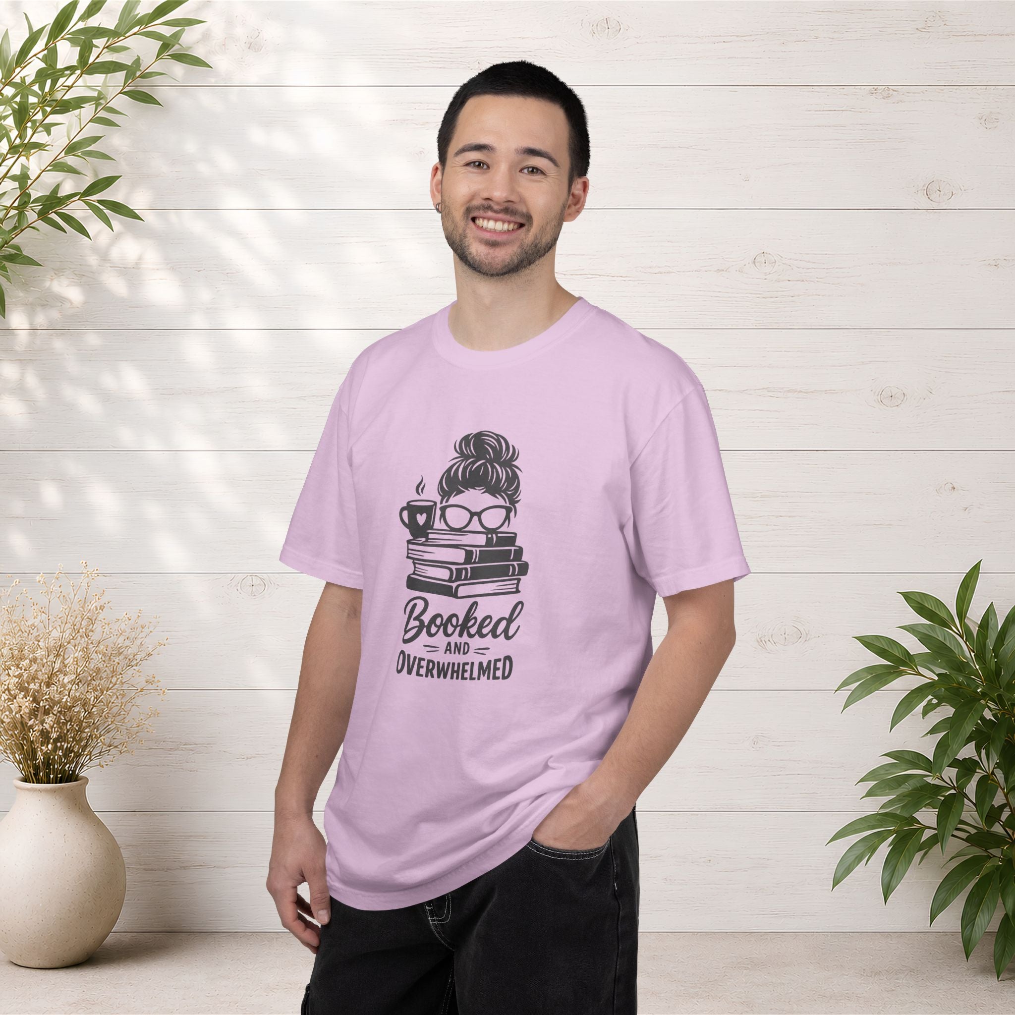 Book Lover T-Shirt — "Booked and Overwhelmed" Graphic Tee