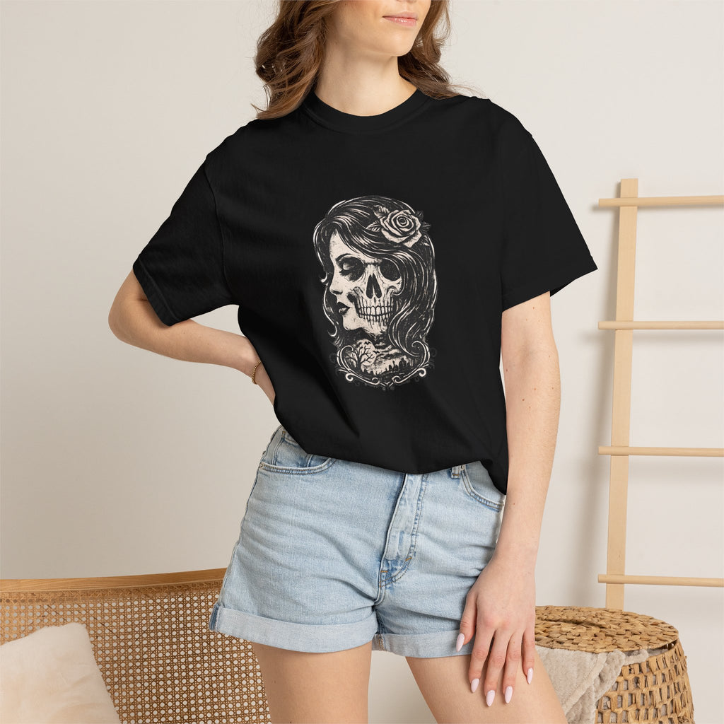 Skull Lady Rose T-Shirt — Vintage Day of the Dead Portrait Tee