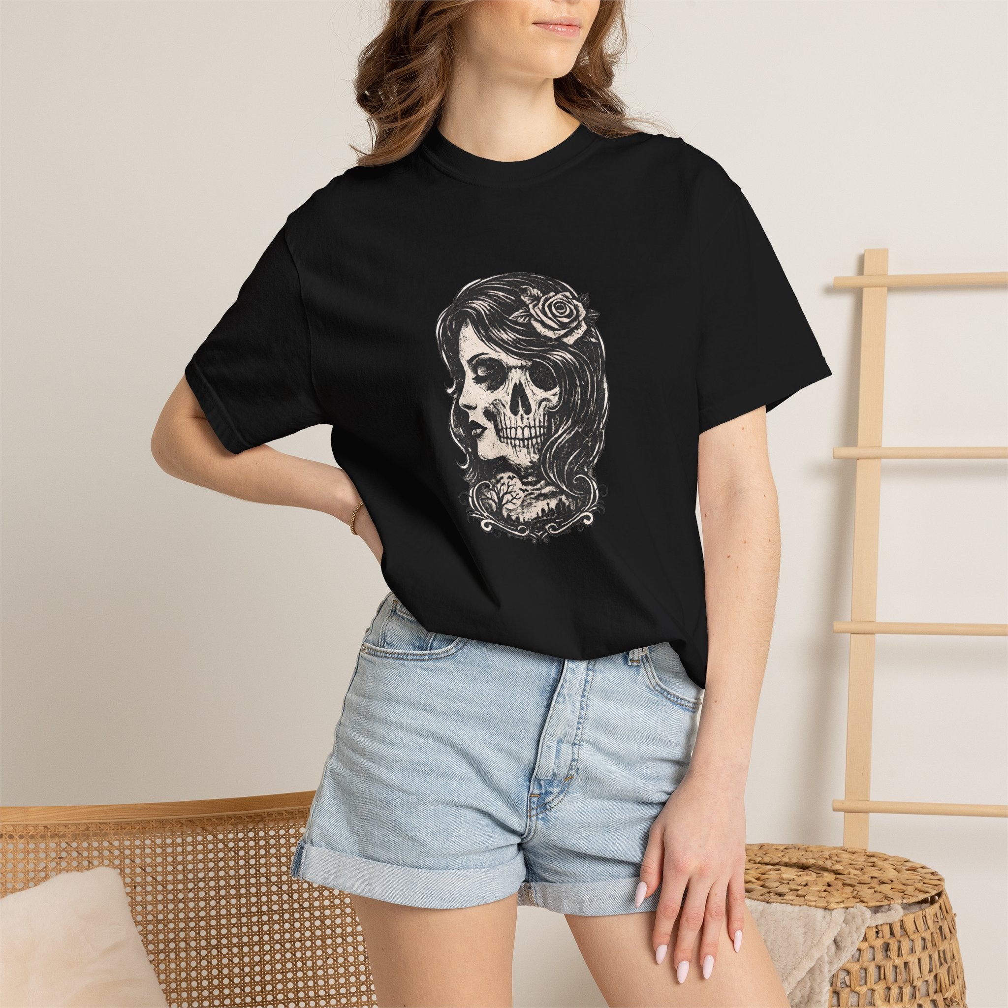 Skull Lady Rose T-Shirt — Vintage Day of the Dead Portrait Tee