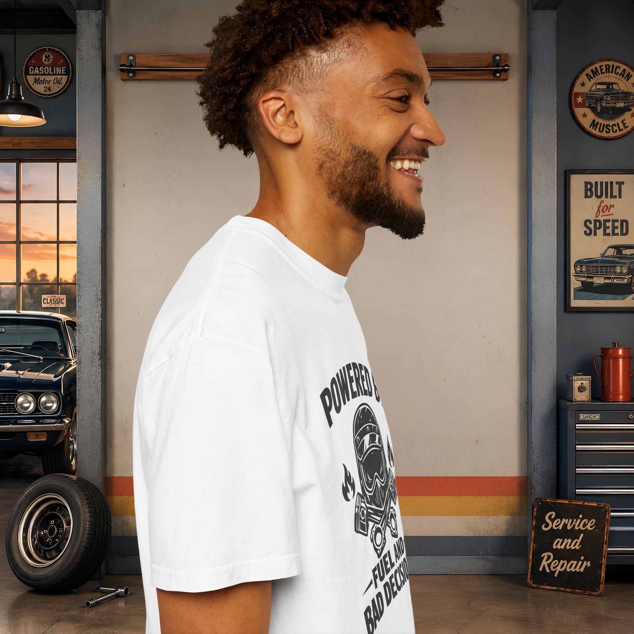 Powered By Fuel And Bad Decisions T-Shirt — Motorcycle Helmet Graphic Tee