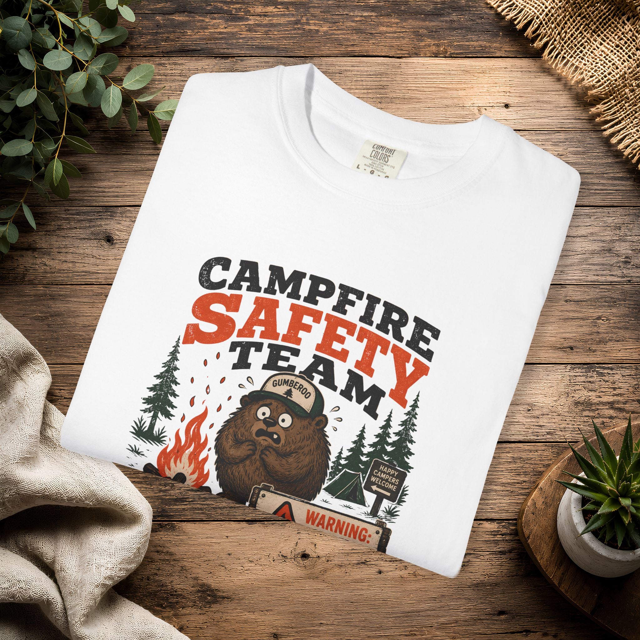 Gumberoo Campfire Safety Tee — Bear Cryptid Patch Graphic