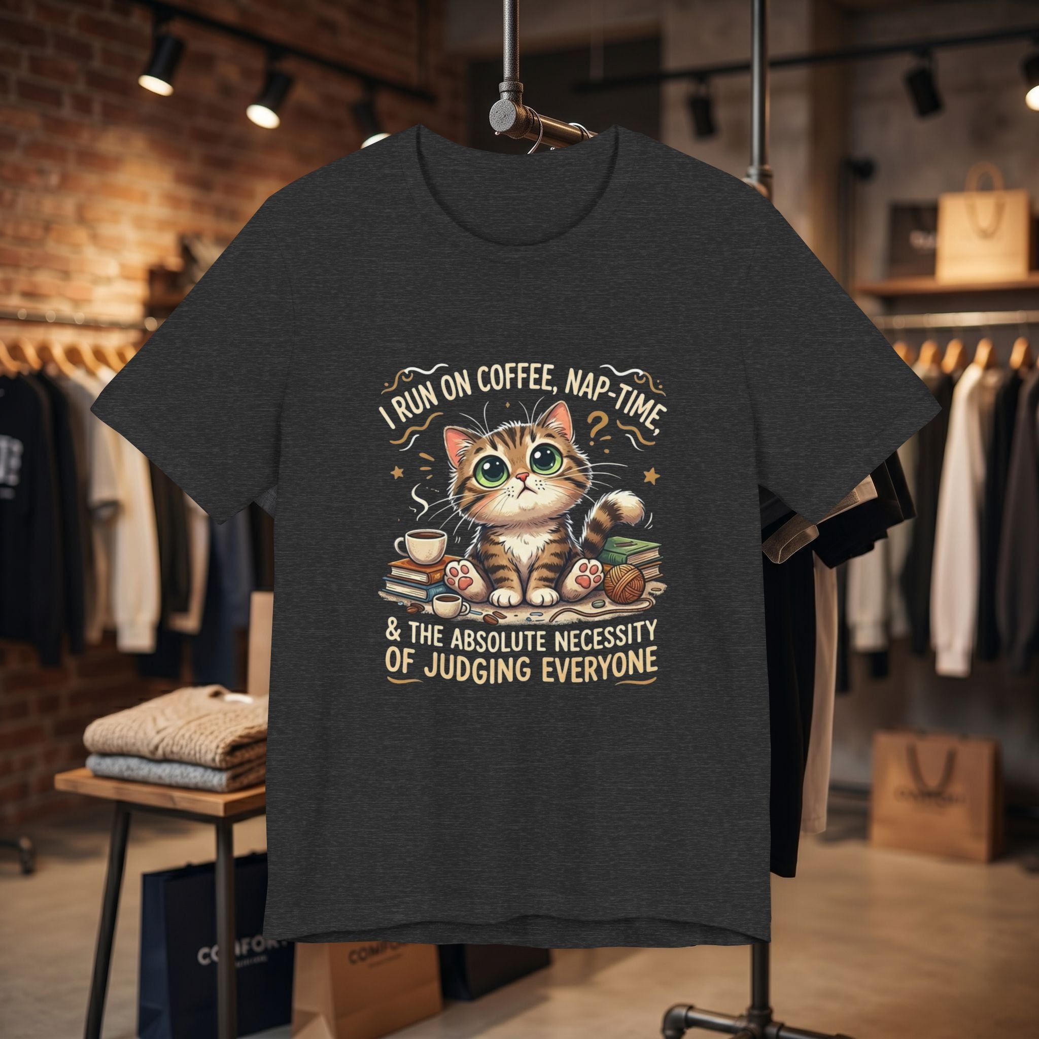 Judging Cat Coffee Books T-Shirt | Cozy Kitty Illustration Tee