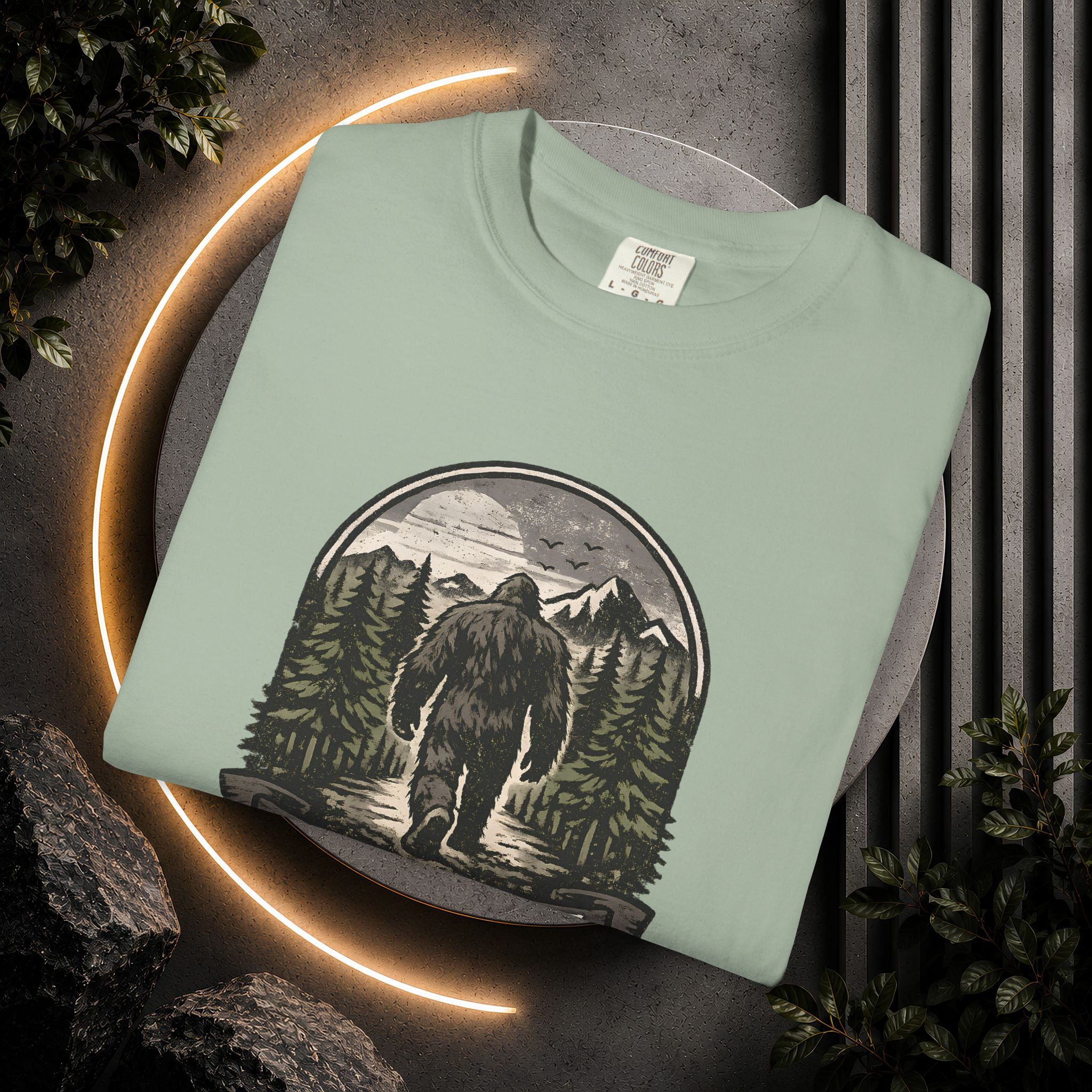 Bigfoot 'Naturally Unavailable' T-Shirt — Bigfoot Walking Into Forest Graphic