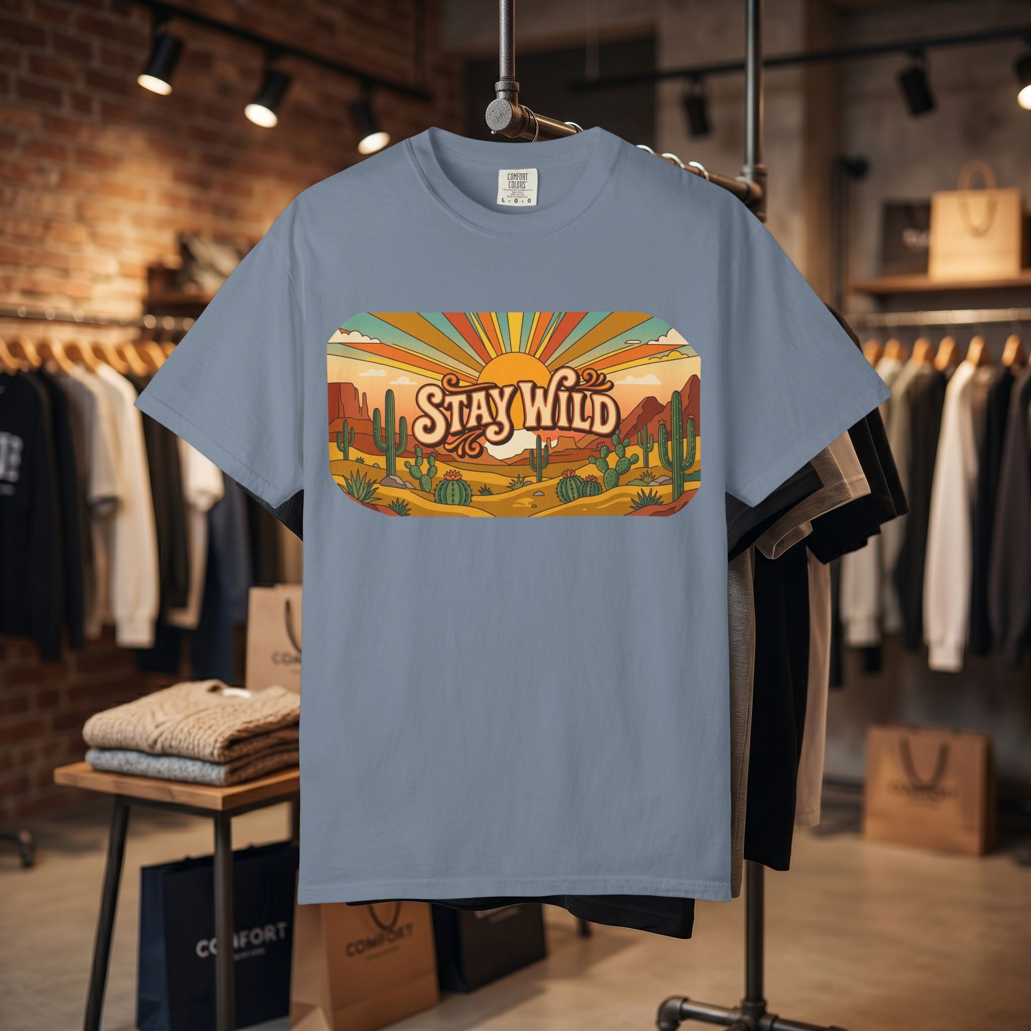 Stay Wild Desert Sunset T-shirt | Retro Cactus Landscape