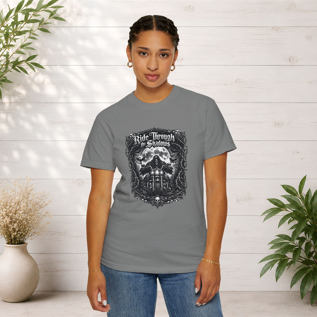 Ride Through Shadows T-Shirt — Gothic Skull Motorcycle Graphic Tee