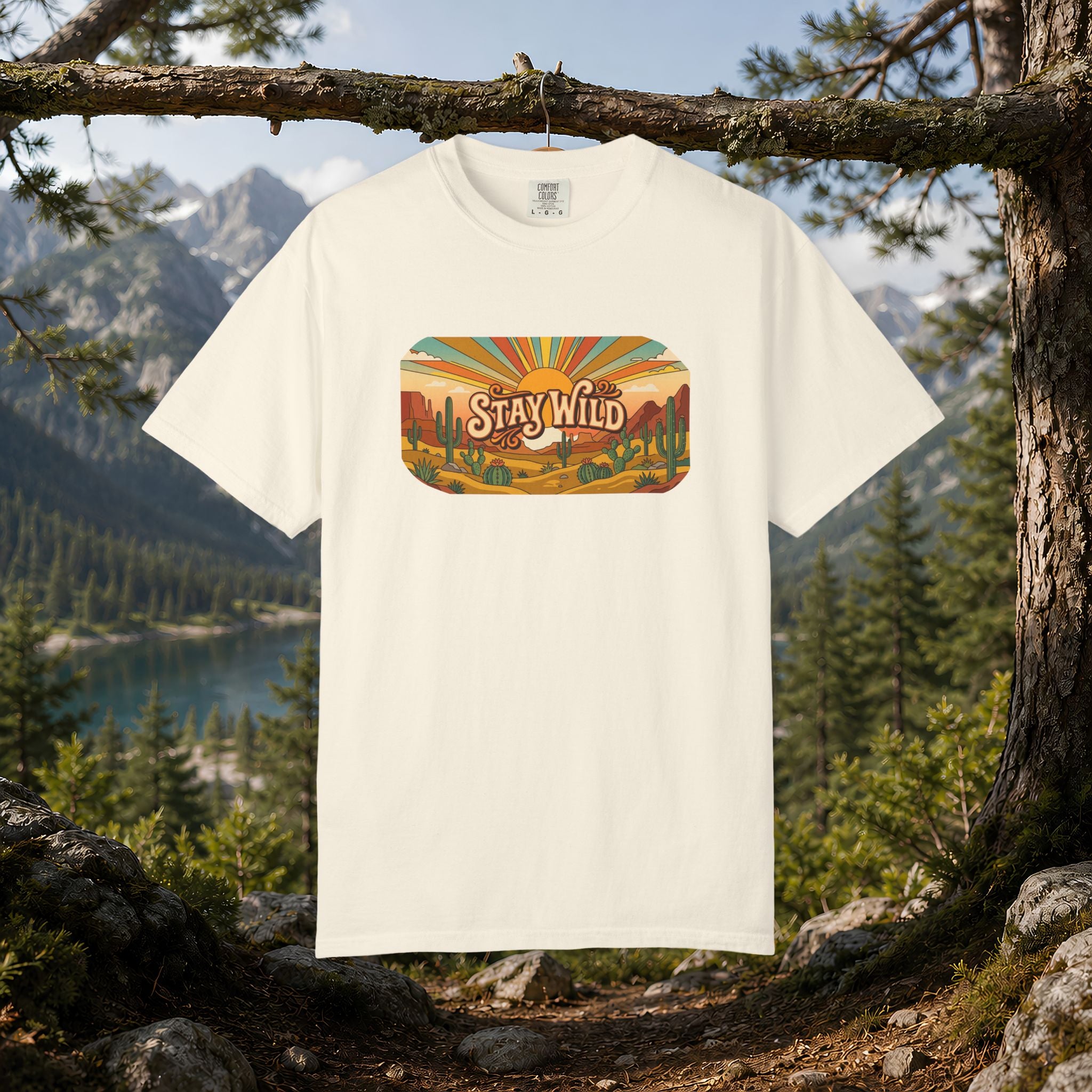 Stay Wild Desert Sunset T-shirt | Retro Cactus Landscape