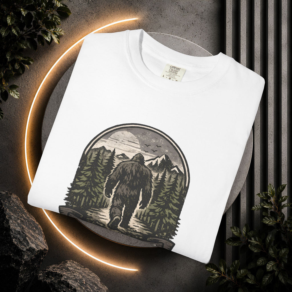 Bigfoot 'Naturally Unavailable' T-Shirt — Bigfoot Walking Into Forest Graphic
