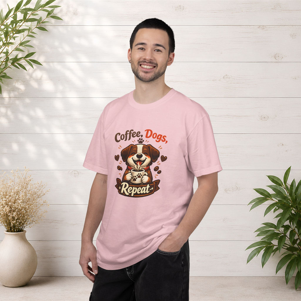 "Coffee, Dogs, Repeat" Cute Dog & Coffee Graphic T-Shirt