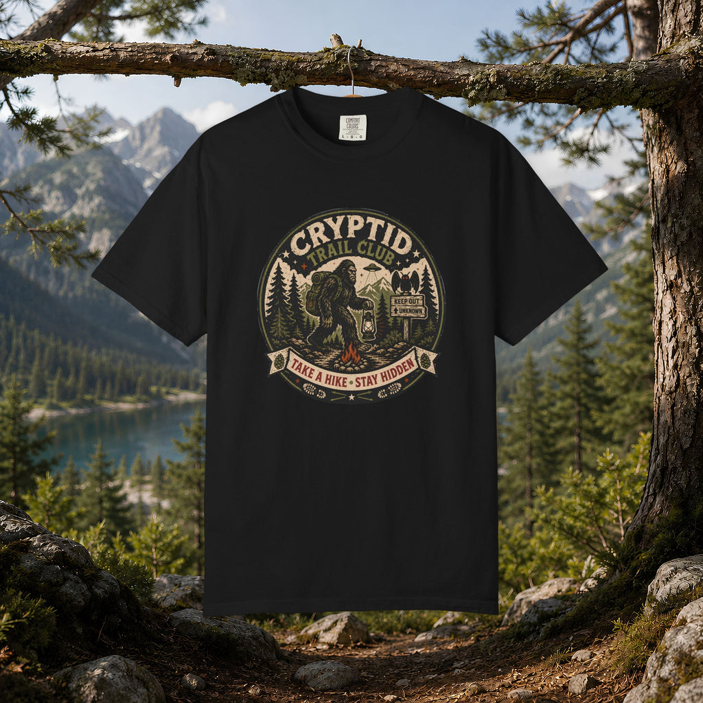 Cryptid Trail Club T-Shirt — "Take a Hike, Stay Hidden" Outdoor Sasquatch Tee