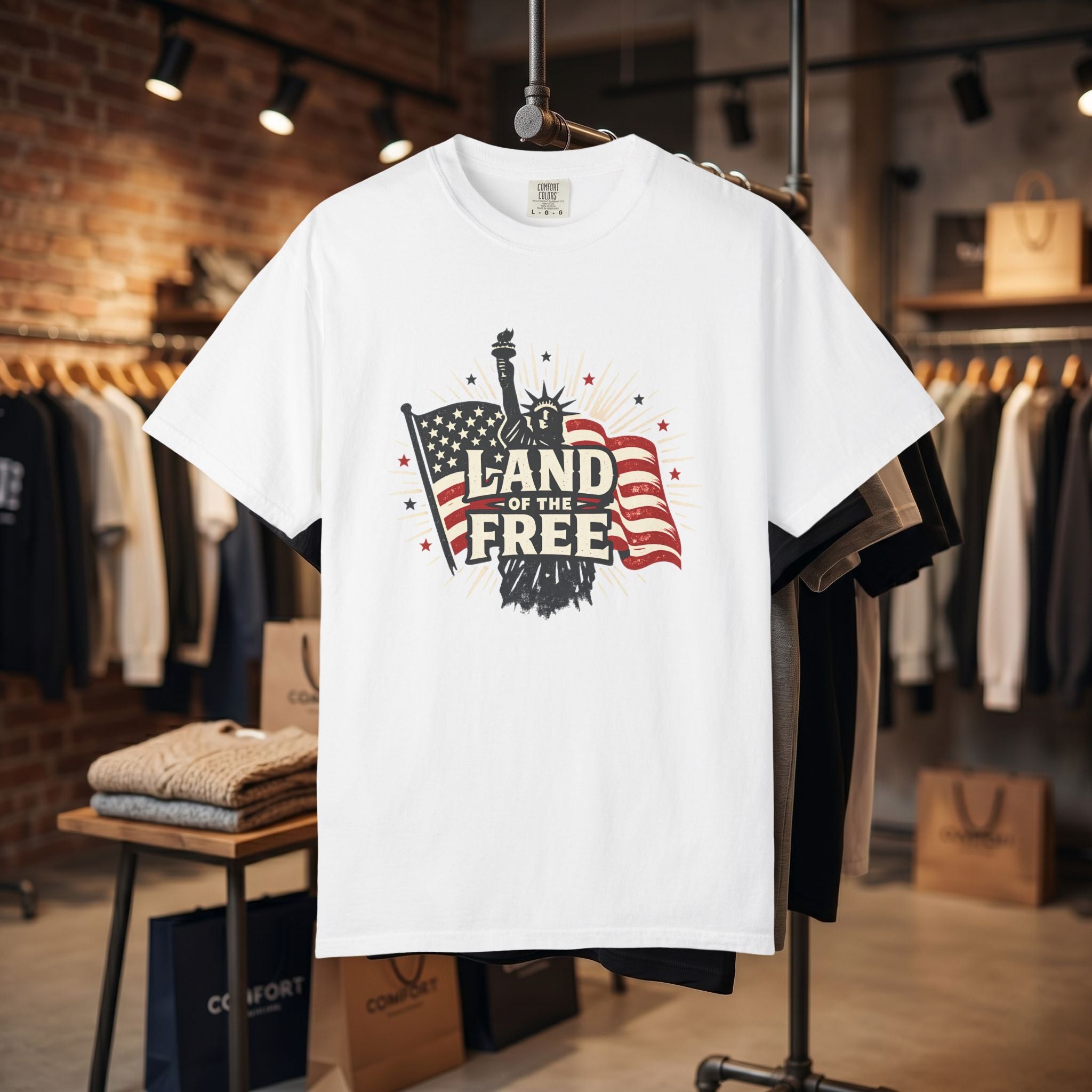 Land of the Free T-Shirt – Patriotic American Flag & Statue of Liberty Graphic