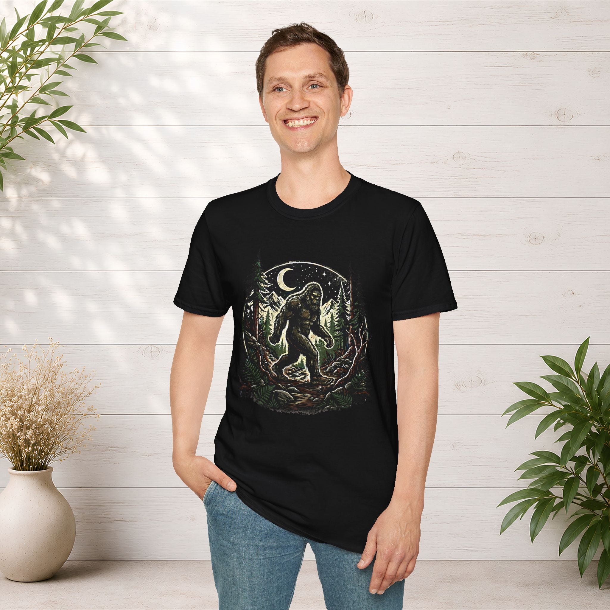 Bigfoot Forest Moon T-Shirt | Sasquatch Night Hiking Design