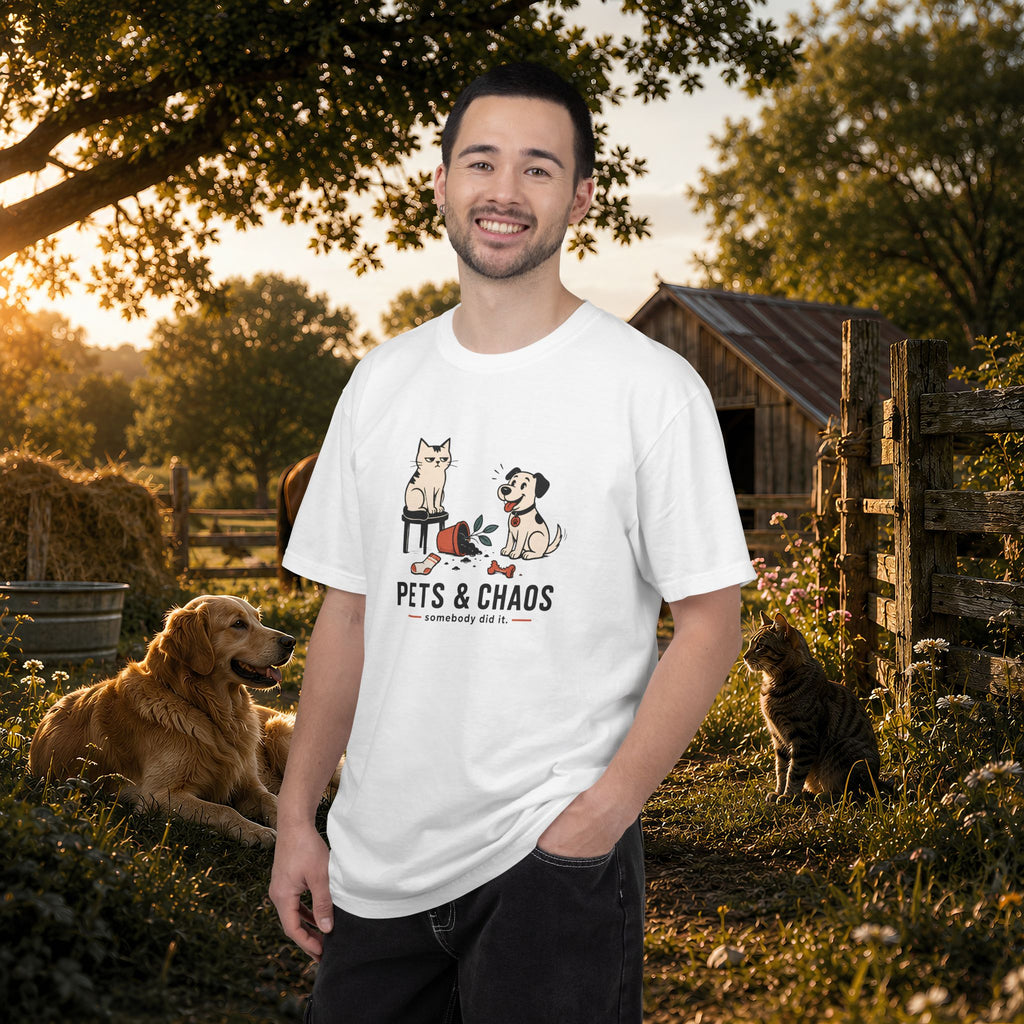 Pets & Chaos Graphic T-Shirt — Funny Cat and Dog Design