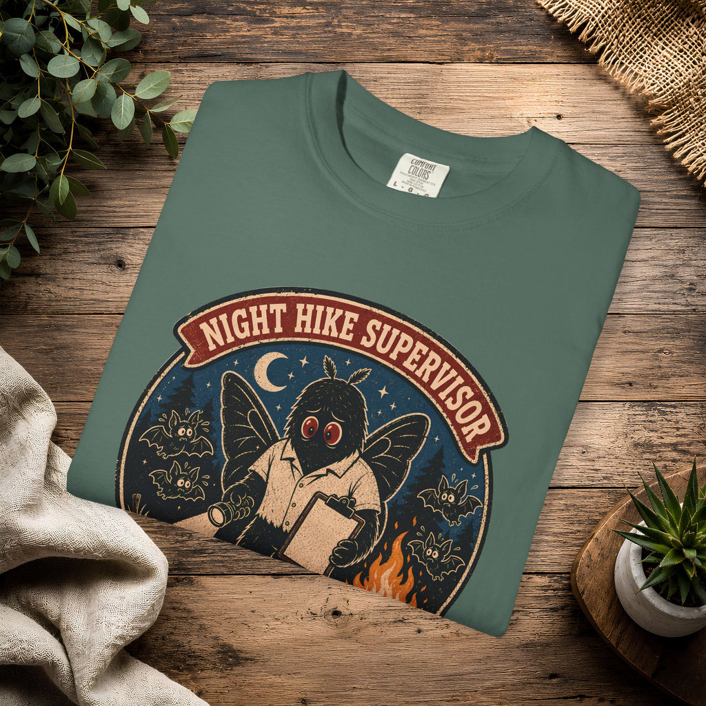 Night Hike Supervisor Mothman T‑Shirt — Camp Cryptid Retro Outdoor Badge