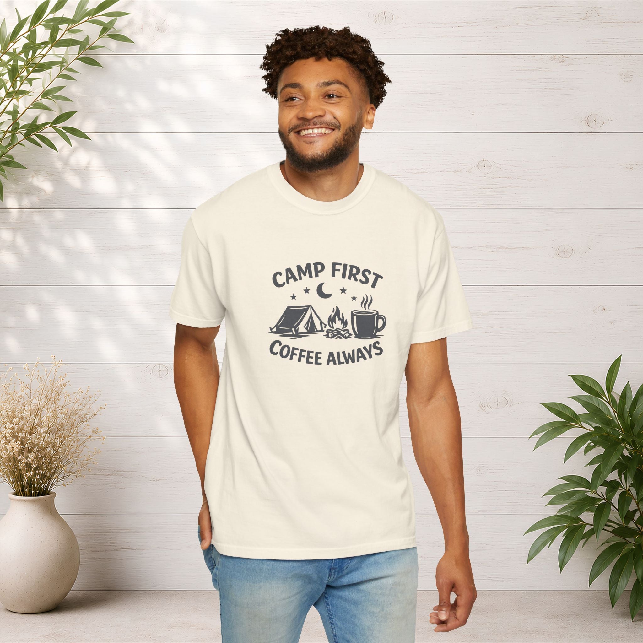 Camping T-Shirt — “Camp First, Coffee Always” Adventure Tee