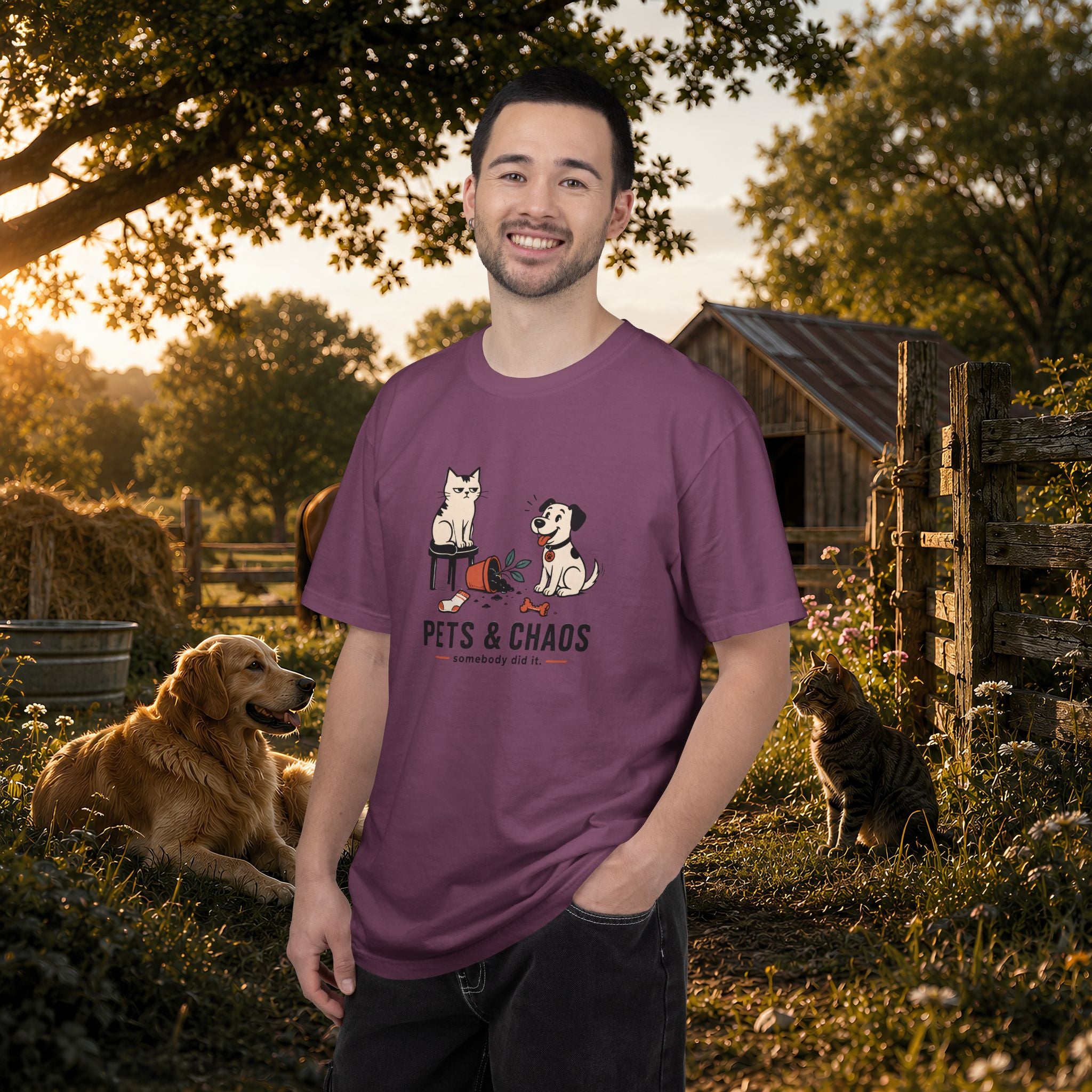 Pets & Chaos Graphic T-Shirt — Funny Cat and Dog Design