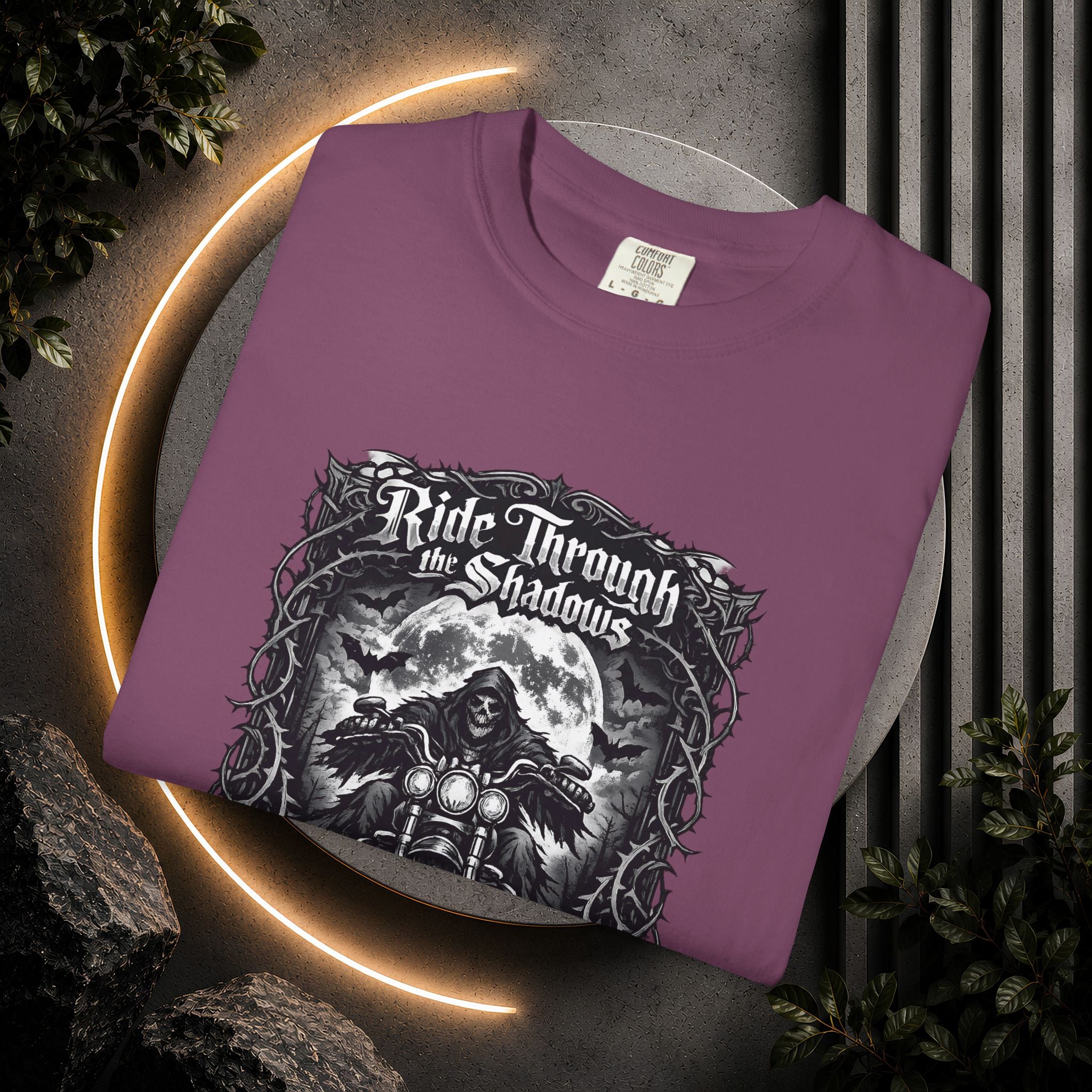 Ride Through Shadows T-Shirt — Gothic Skull Motorcycle Graphic Tee