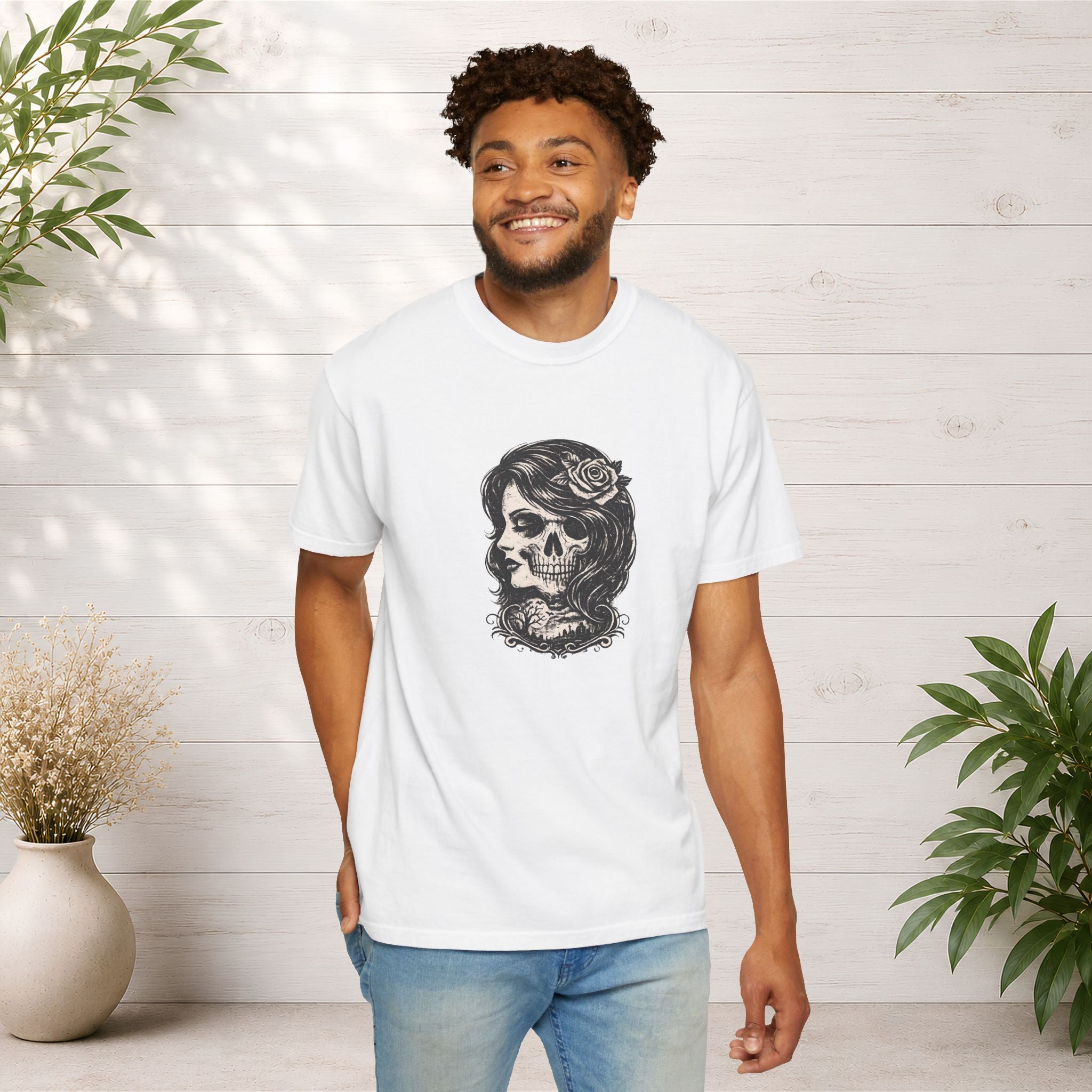 Skull Lady Rose T-Shirt — Vintage Day of the Dead Portrait Tee