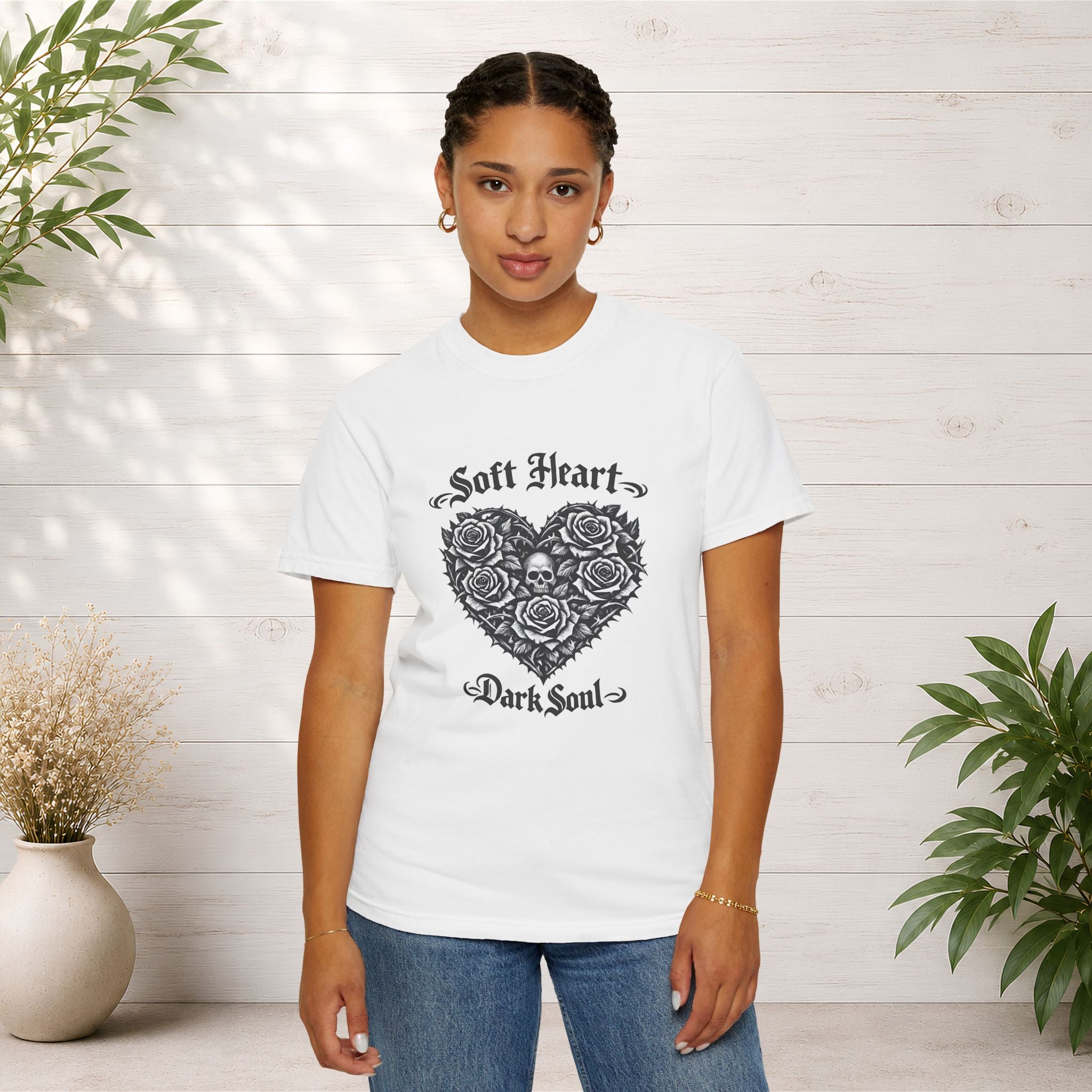 Soft Heart Dark Soul T-Shirt — Gothic Rose Skull Graphic Tee