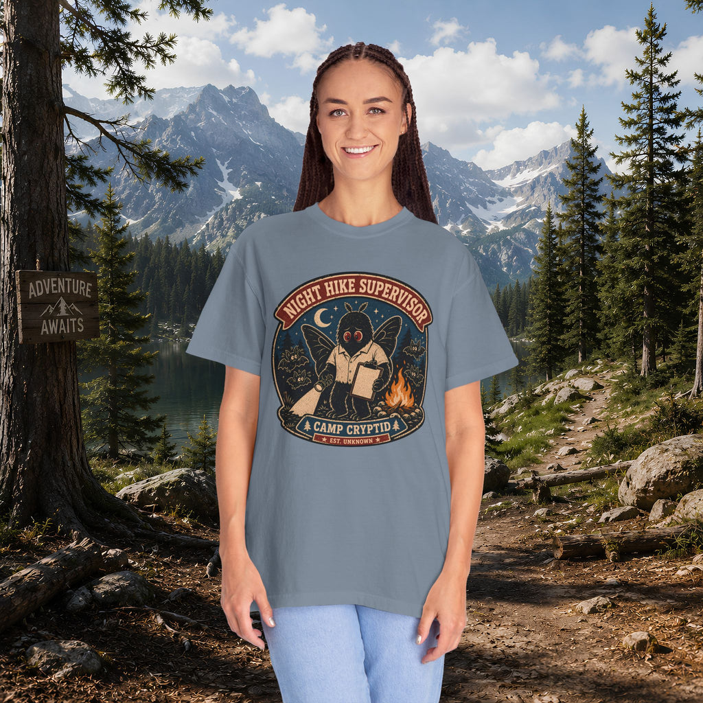 Night Hike Supervisor Mothman T‑Shirt — Camp Cryptid Retro Outdoor Badge