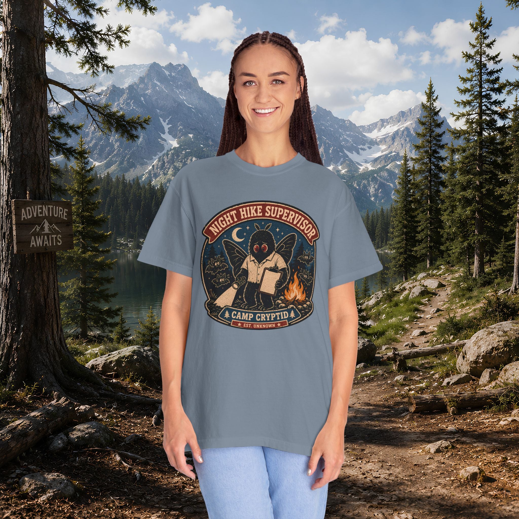 Night Hike Supervisor Mothman T‑Shirt — Camp Cryptid Retro Outdoor Badge