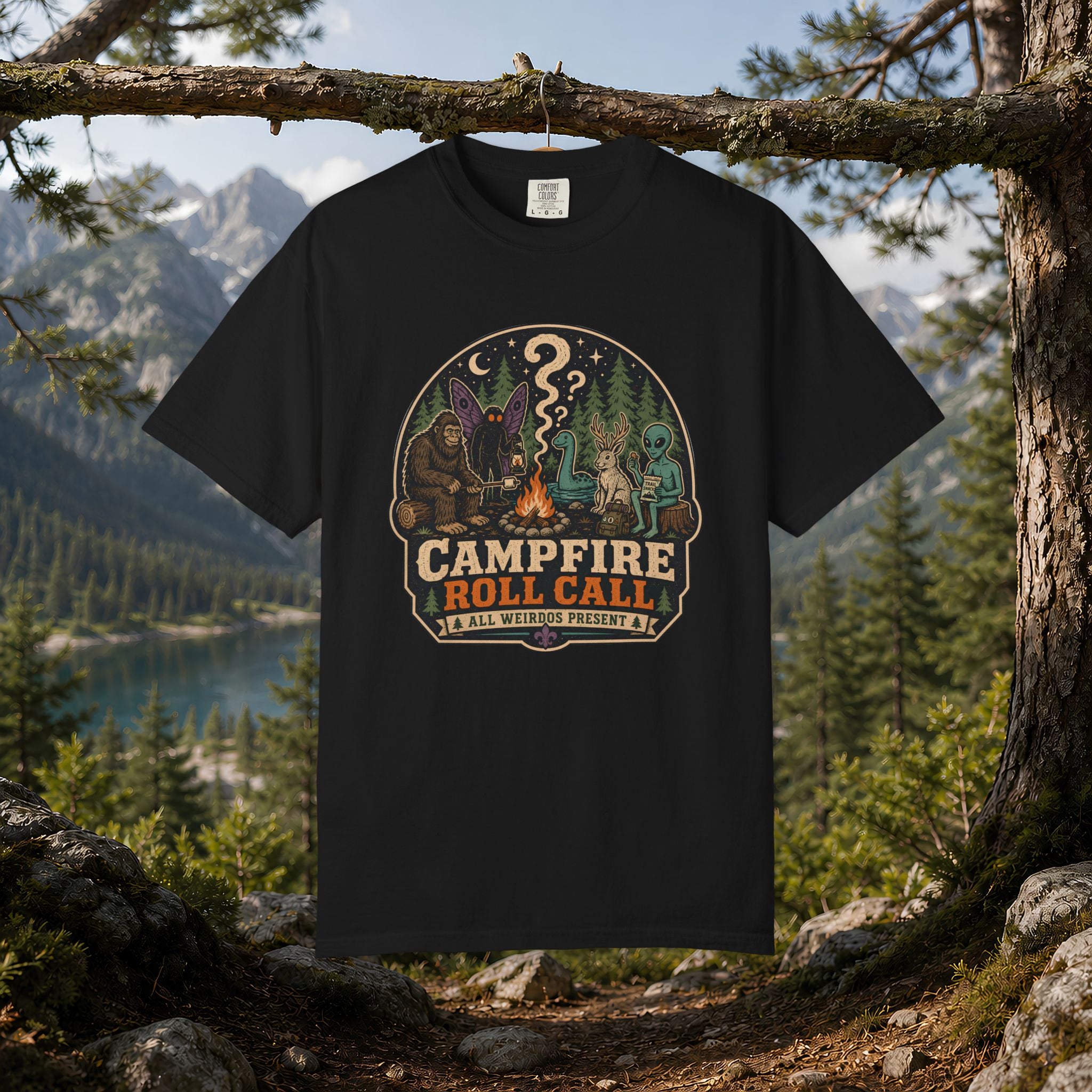 Campfire Cryptid Roll Call T-Shirt — Vintage Camping Patch Graphic