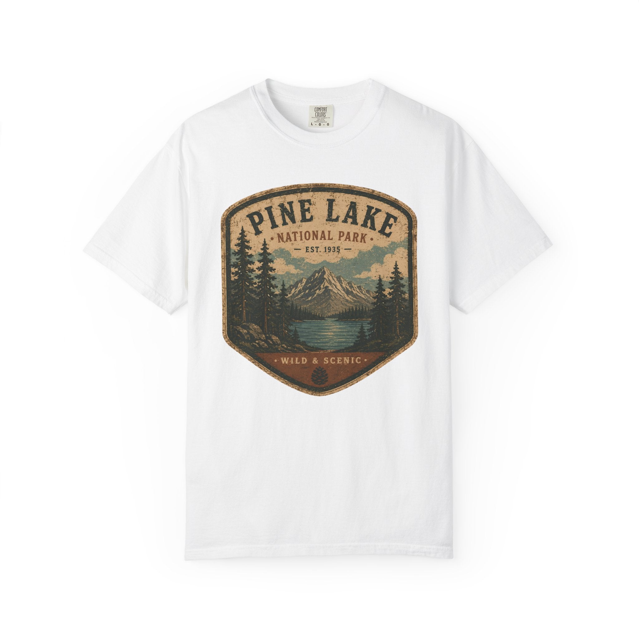 Pine Lake National Park Badge T-Shirt | Mountain Lake Forest Graphic