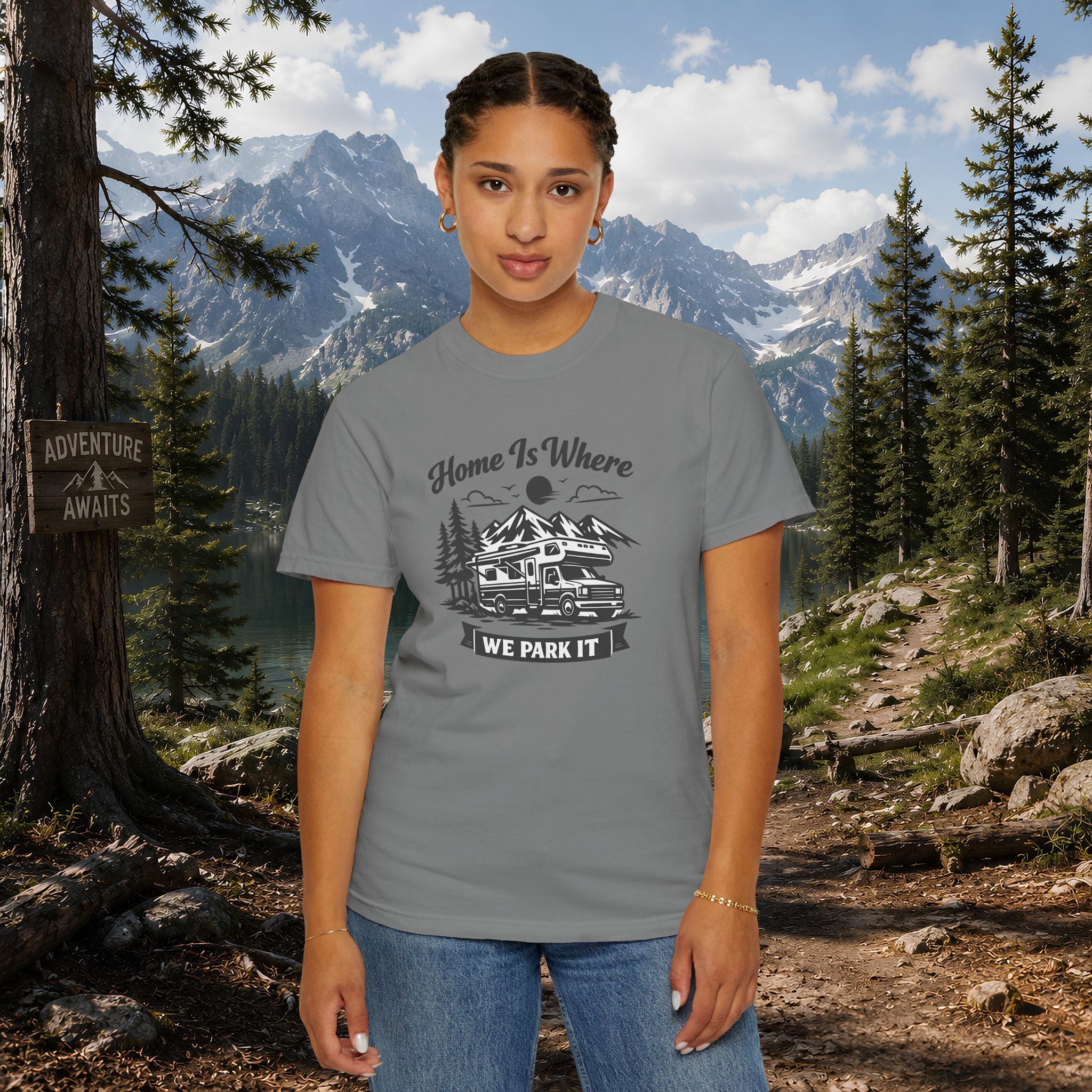 RV Camper T-Shirt — "Home Is Where We Park It" Graphic Tee for RV & van life lovers