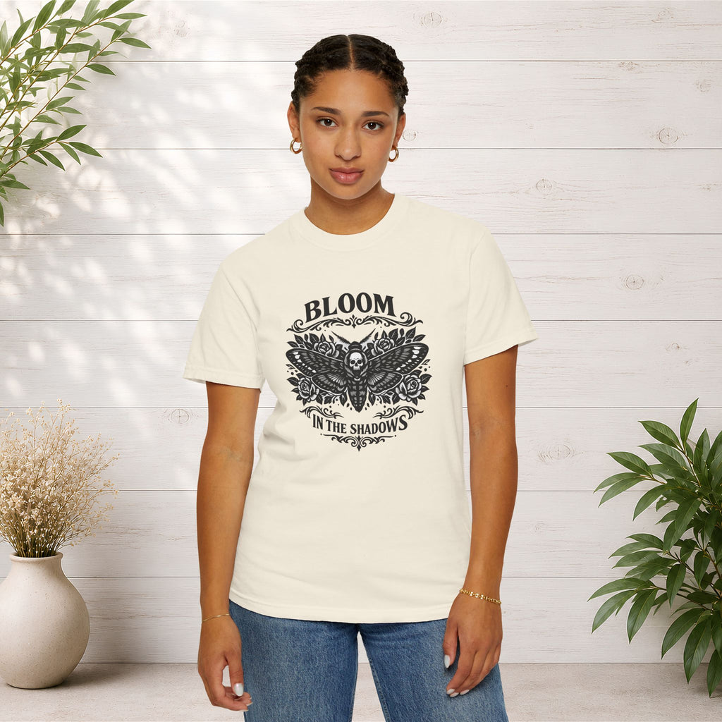 Bloom in the Shadows T-Shirt — Gothic Floral Skull Tee