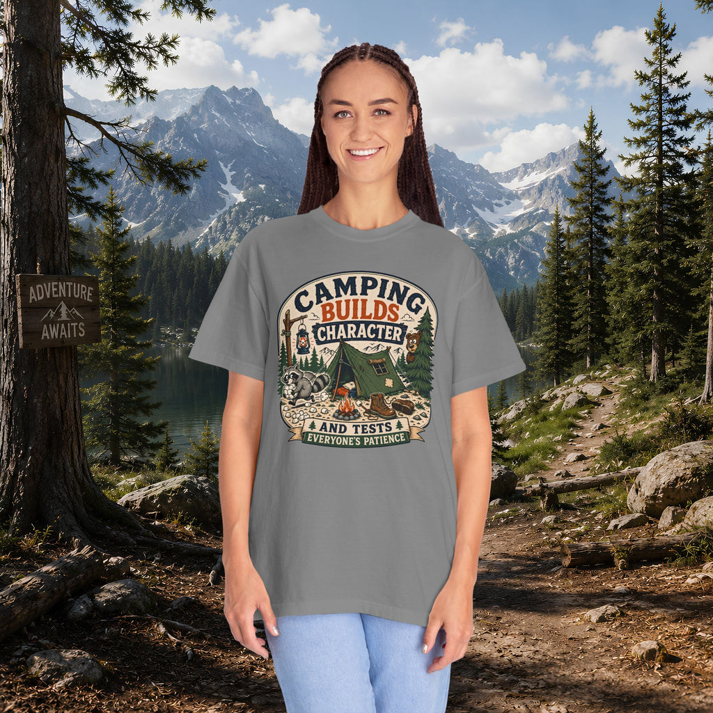 Camping Builds Character T-Shirt — Vintage Tent, Forest & Campfire Outdoor Tee