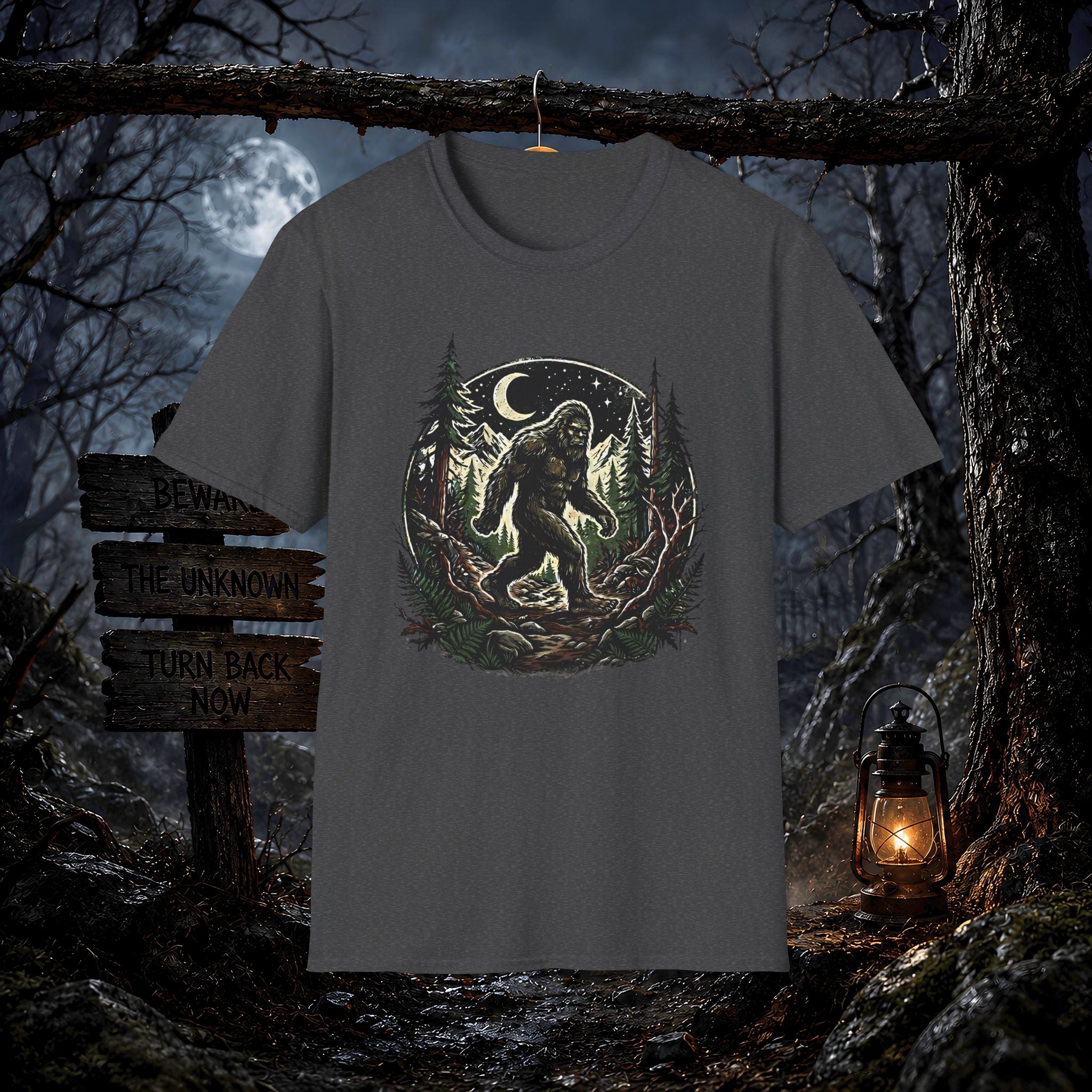 Bigfoot Forest Moon T-Shirt | Sasquatch Night Hiking Design
